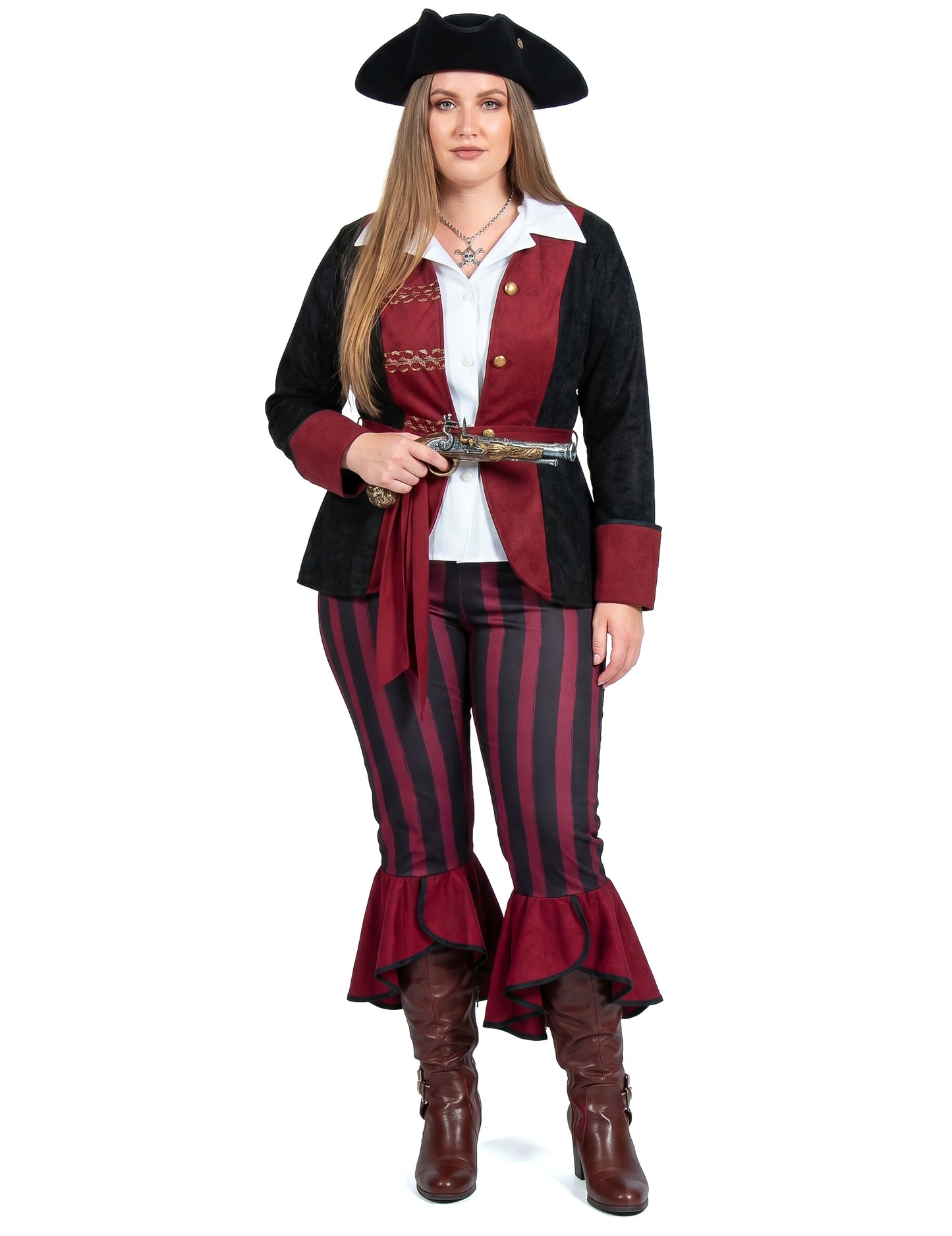 Disfraz de pirata negro y burdeos de lujo para mujer