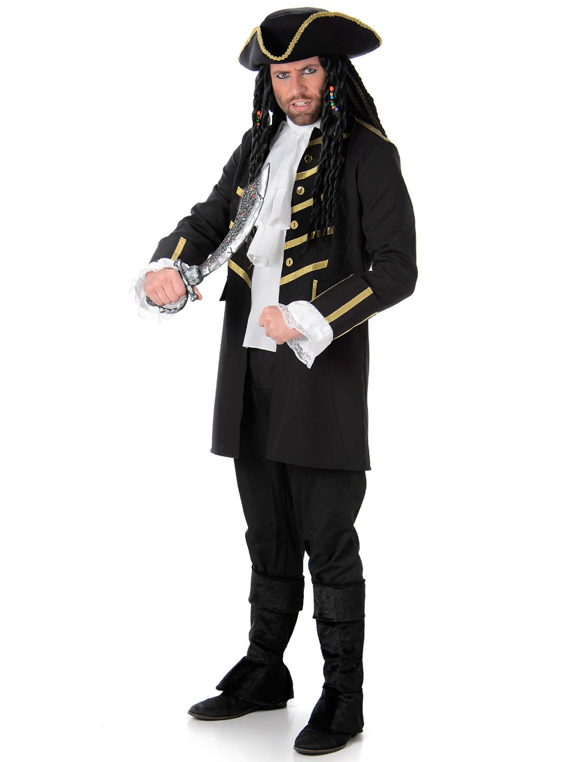 Disfraz de pirata para hombre negro y dorado con sombrero