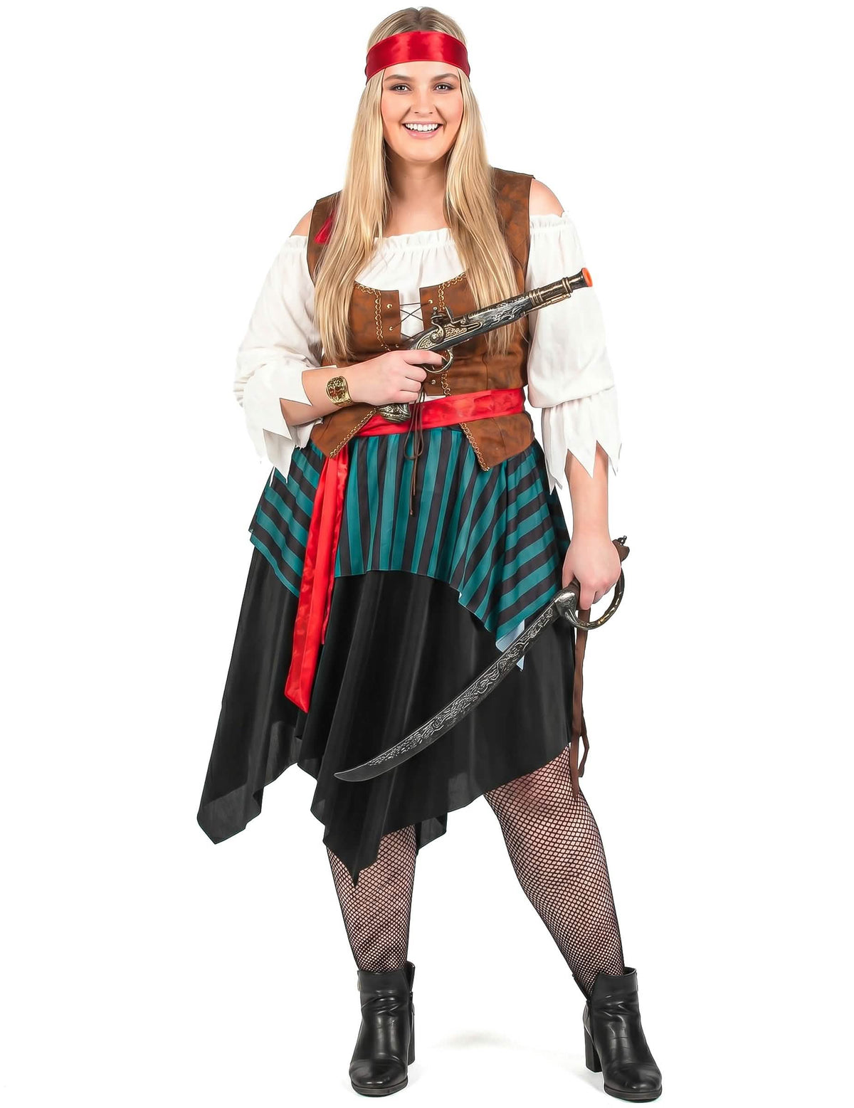 Disfraz pirata rayado azul y negro mujer talla grande