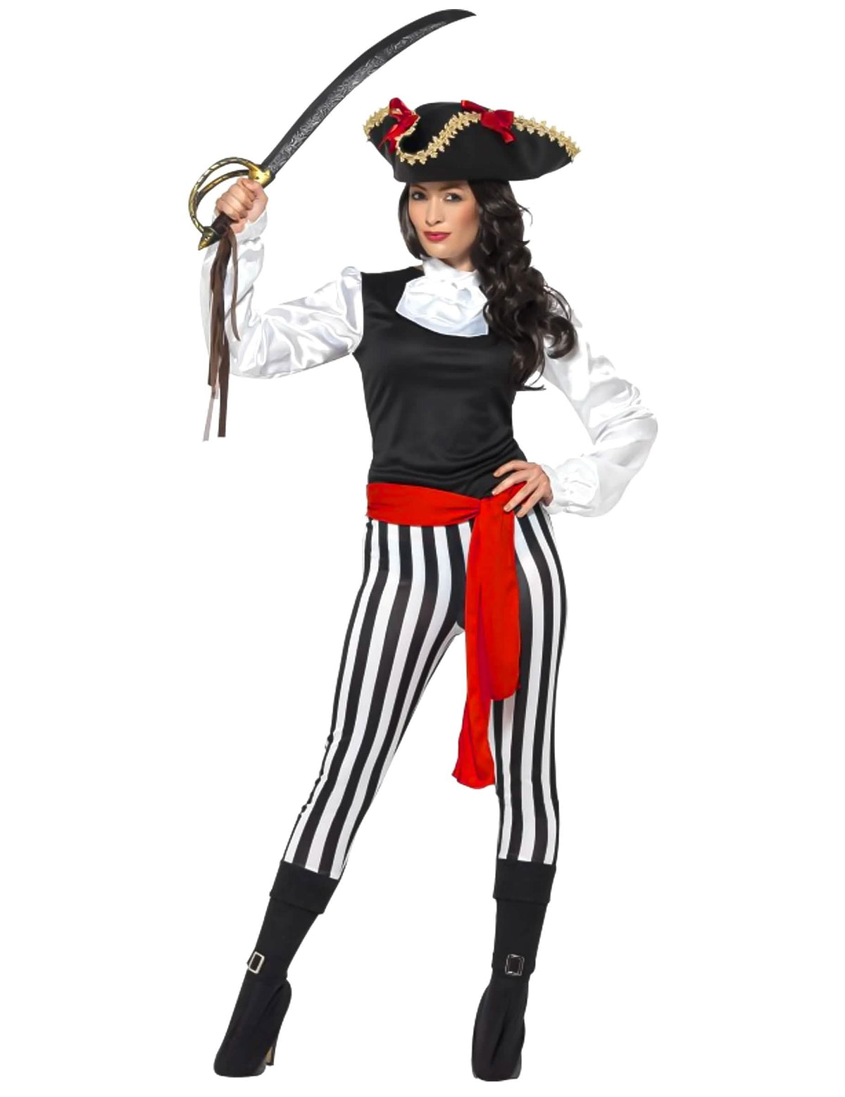 Disfraz de pirata rayado para mujer blanco y negro con cinturón rojo y sombrero