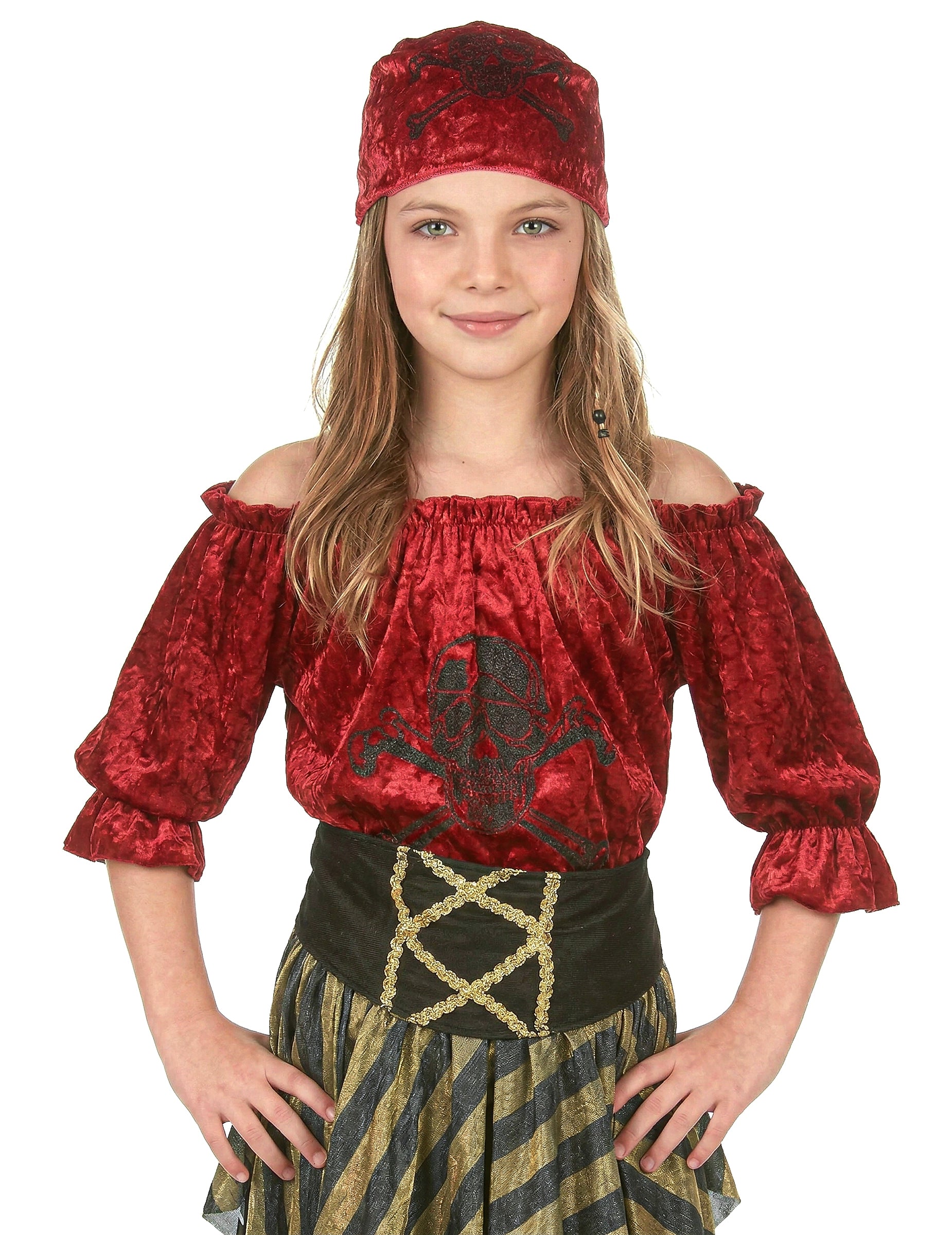 Gros plan sur le haut et le bandana du déguisement pirate rayures dorées