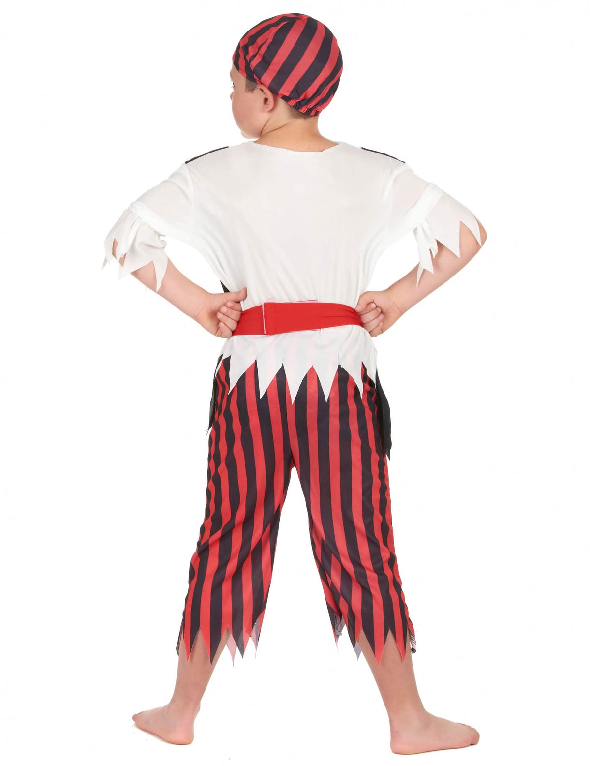 Vue de dos du déguisement de pirate pour garçon à rayures noires et rouges