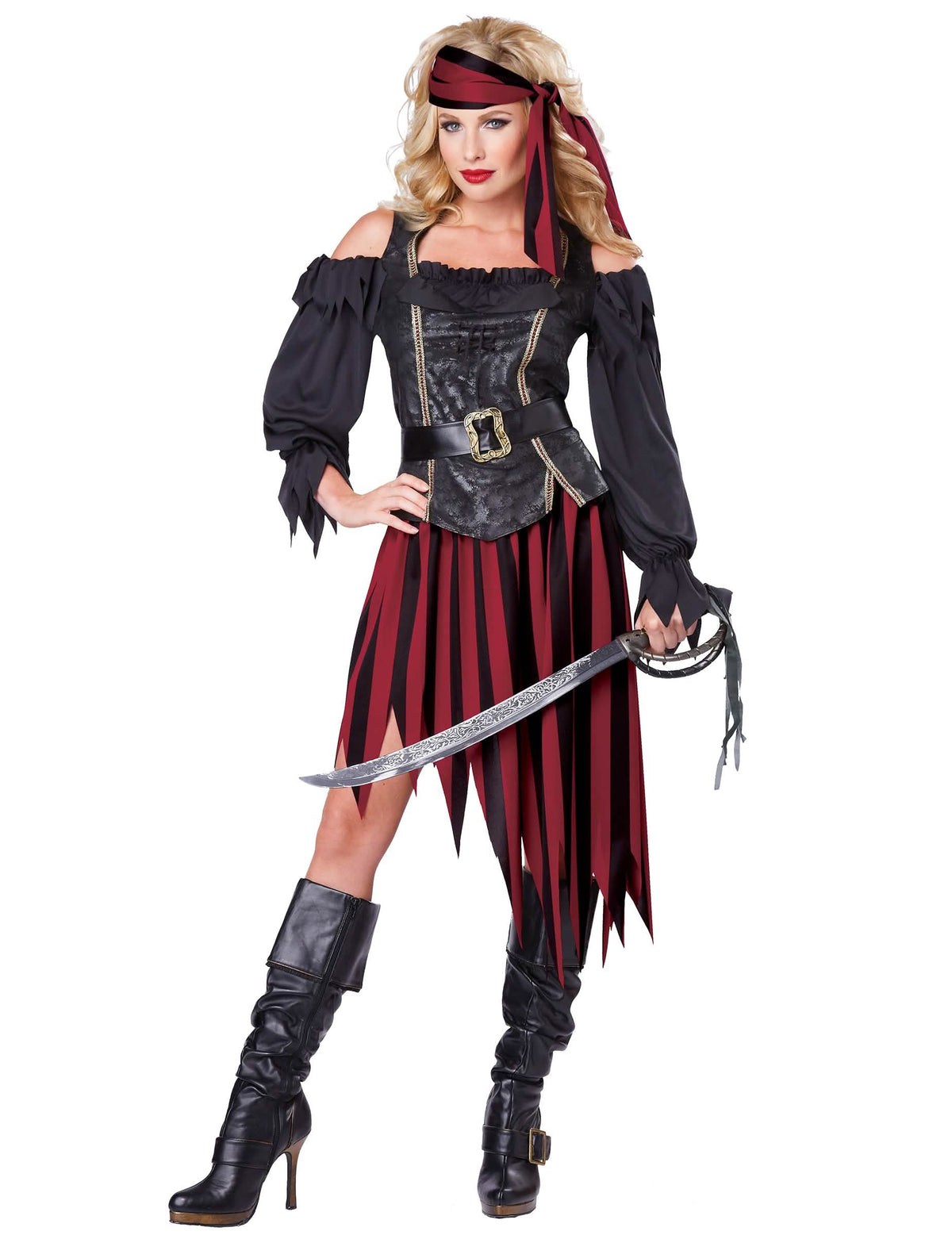 Disfraz de pirata rebelde para mujer negro y rojo con bandana a rayas