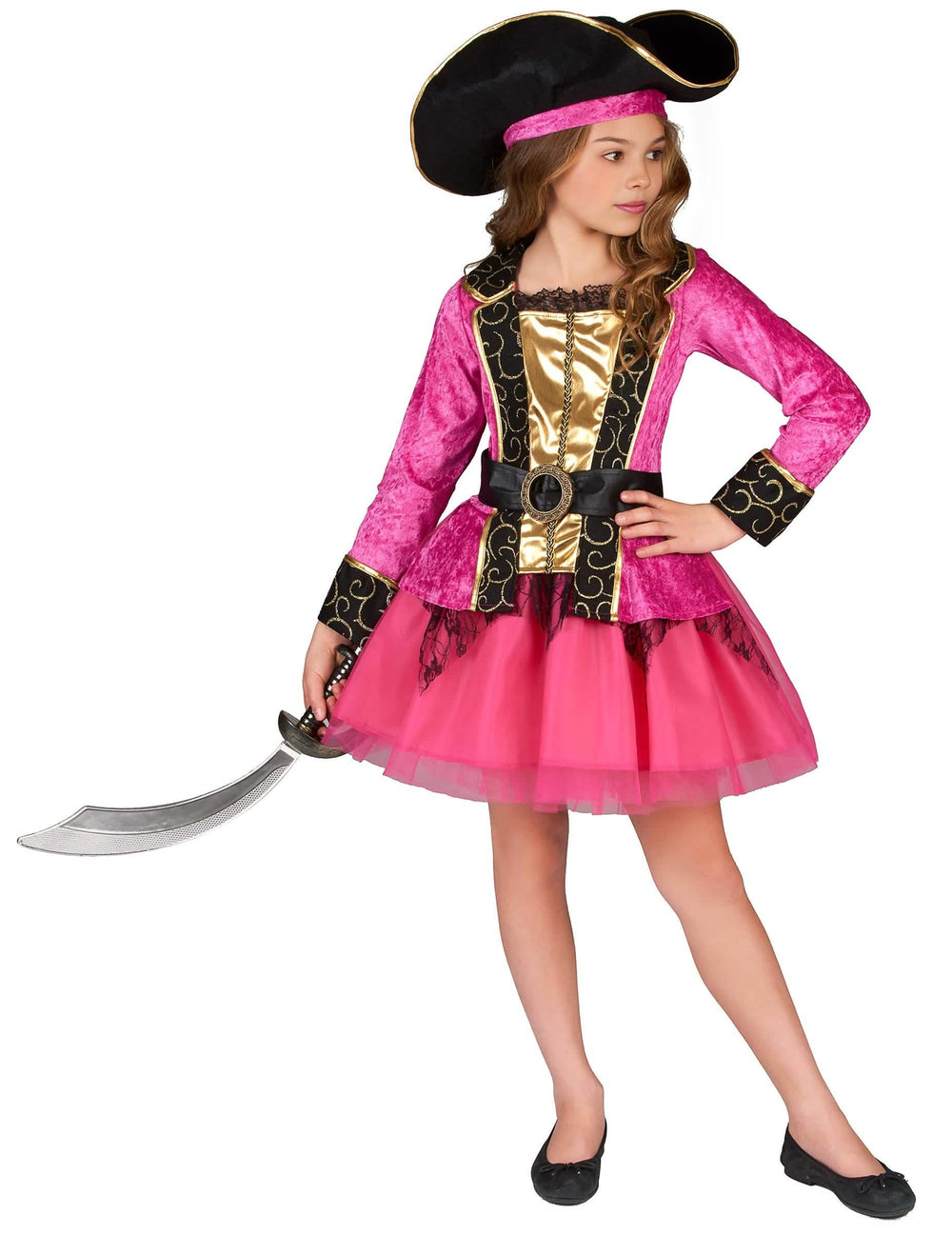 Disfraz de pirata para niña rosa y dorado con sombrero