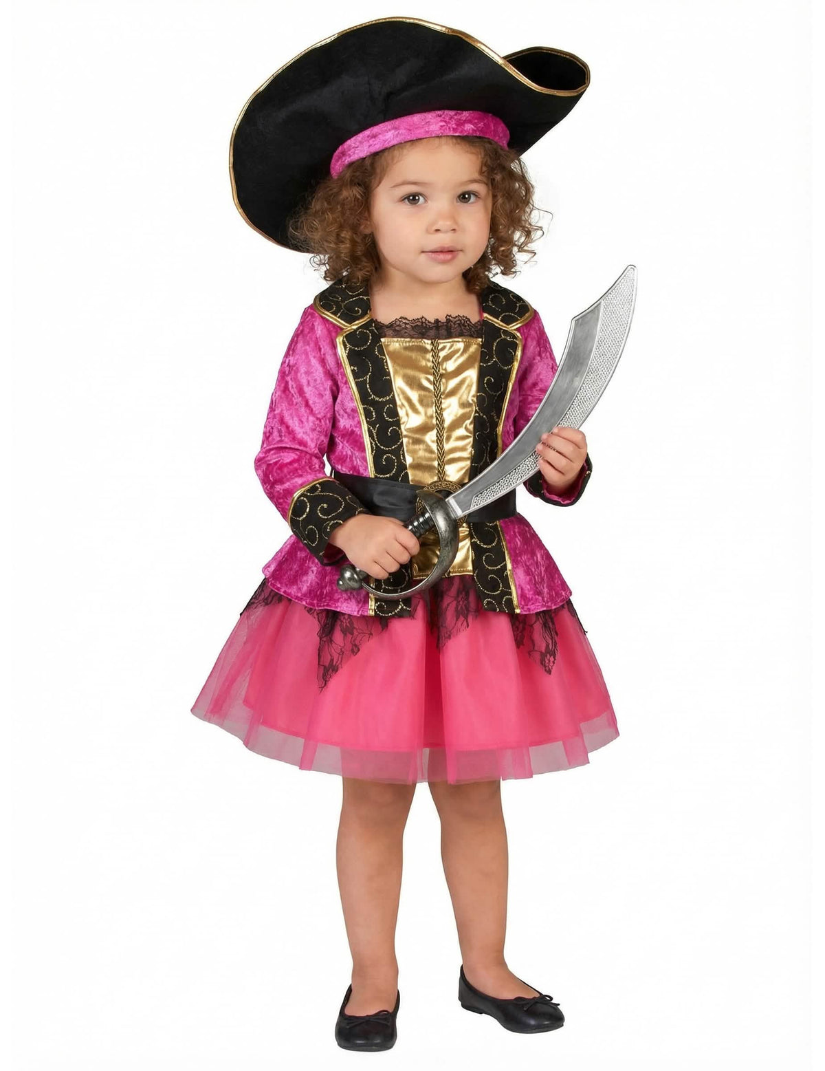 Disfraz de pirata para niña rosa y dorado con sombrero