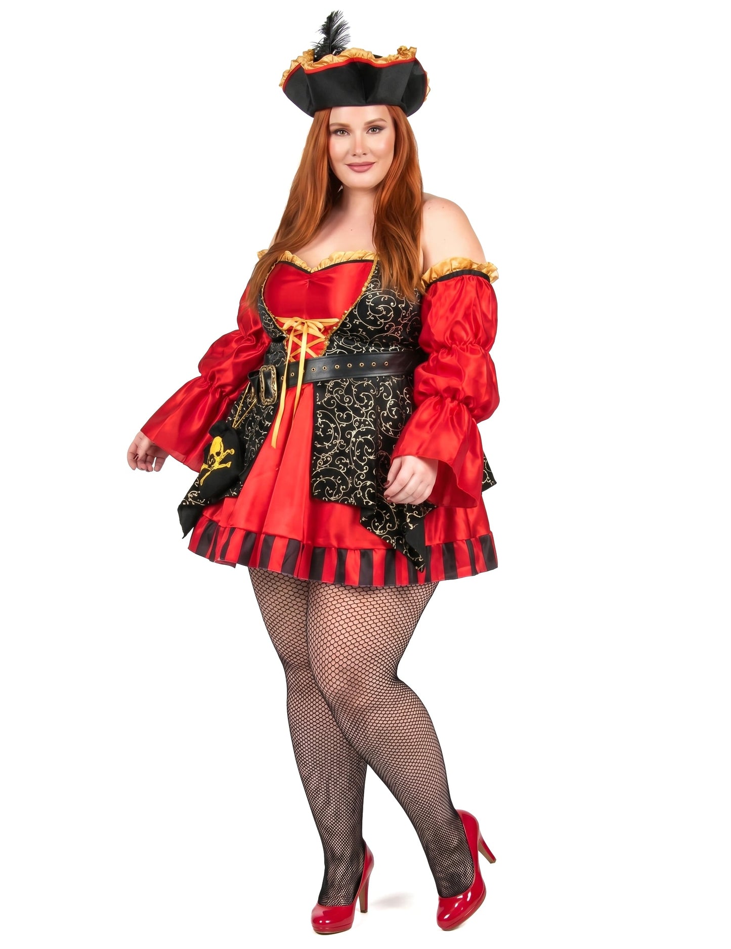 Disfraz de pirata rojo de lujo talla grande para mujer