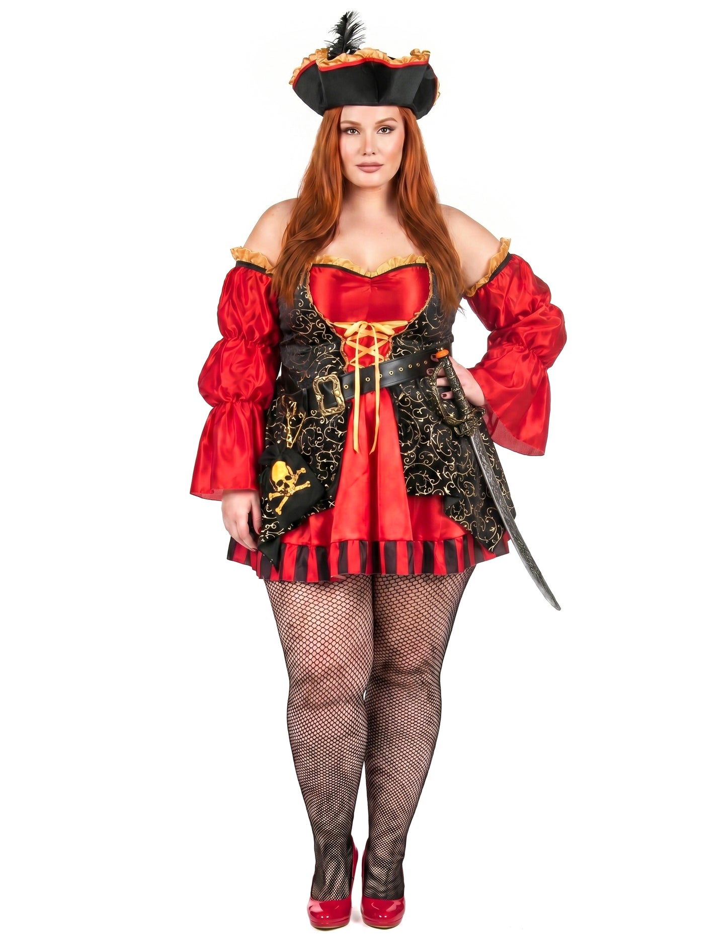 Disfraz de pirata rojo de lujo talla grande para mujer