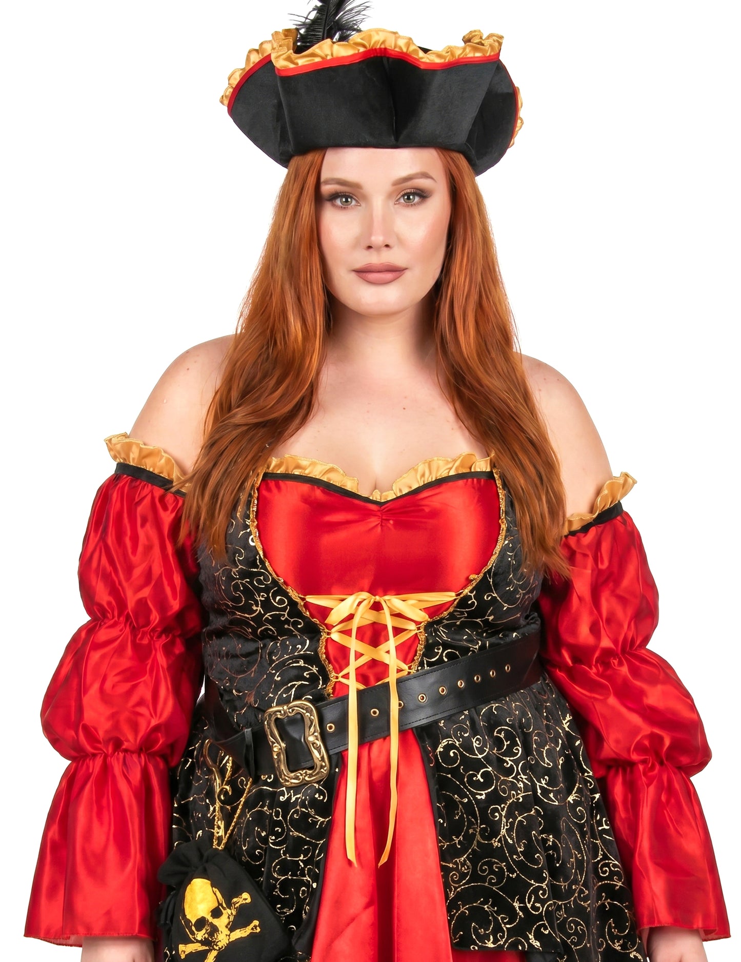 Disfraz de pirata rojo de lujo talla grande para mujer