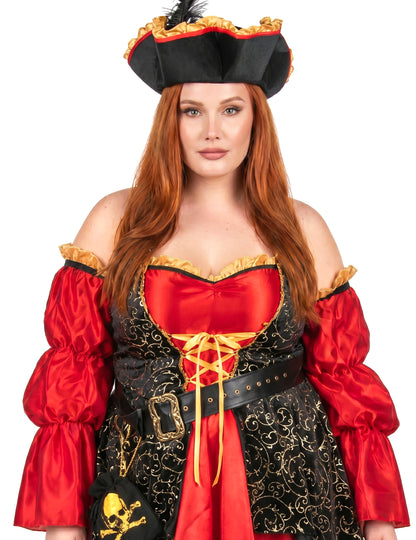 Disfraz de pirata rojo de lujo talla grande para mujer