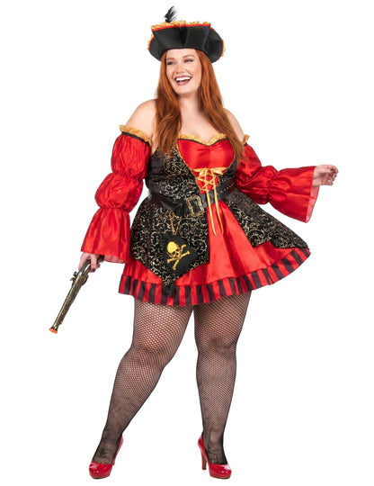 Disfraz de pirata rojo de lujo talla grande para mujer