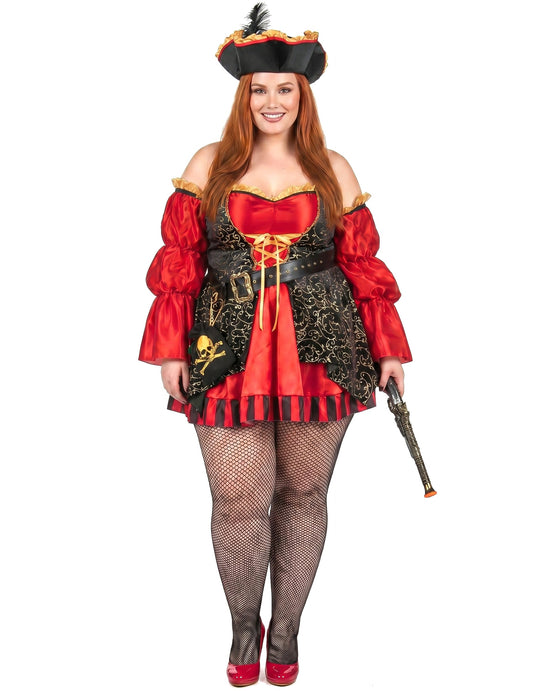 Disfraz de pirata rojo de lujo talla grande para mujer