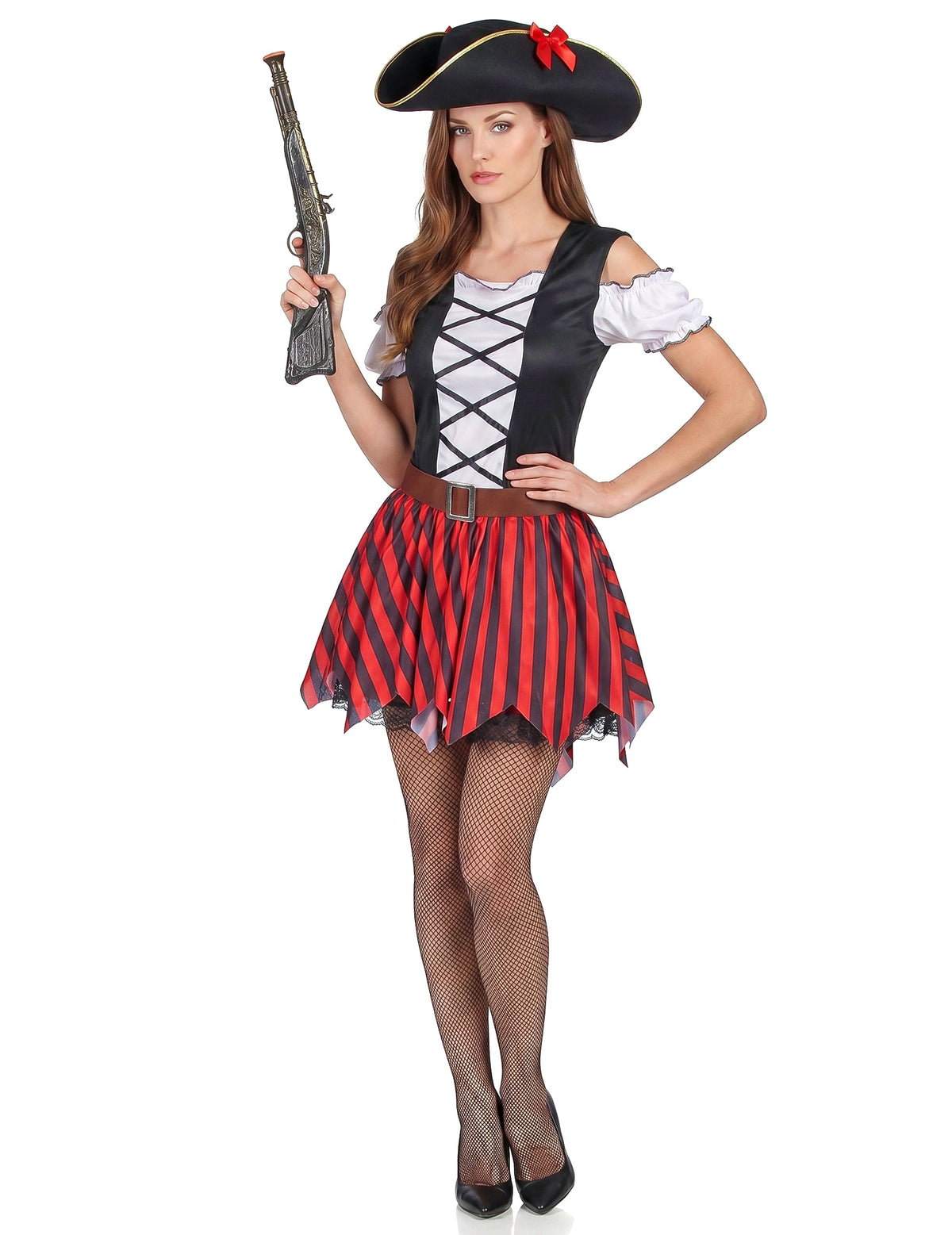 Disfraz pirata rayas rojas y negras mujer