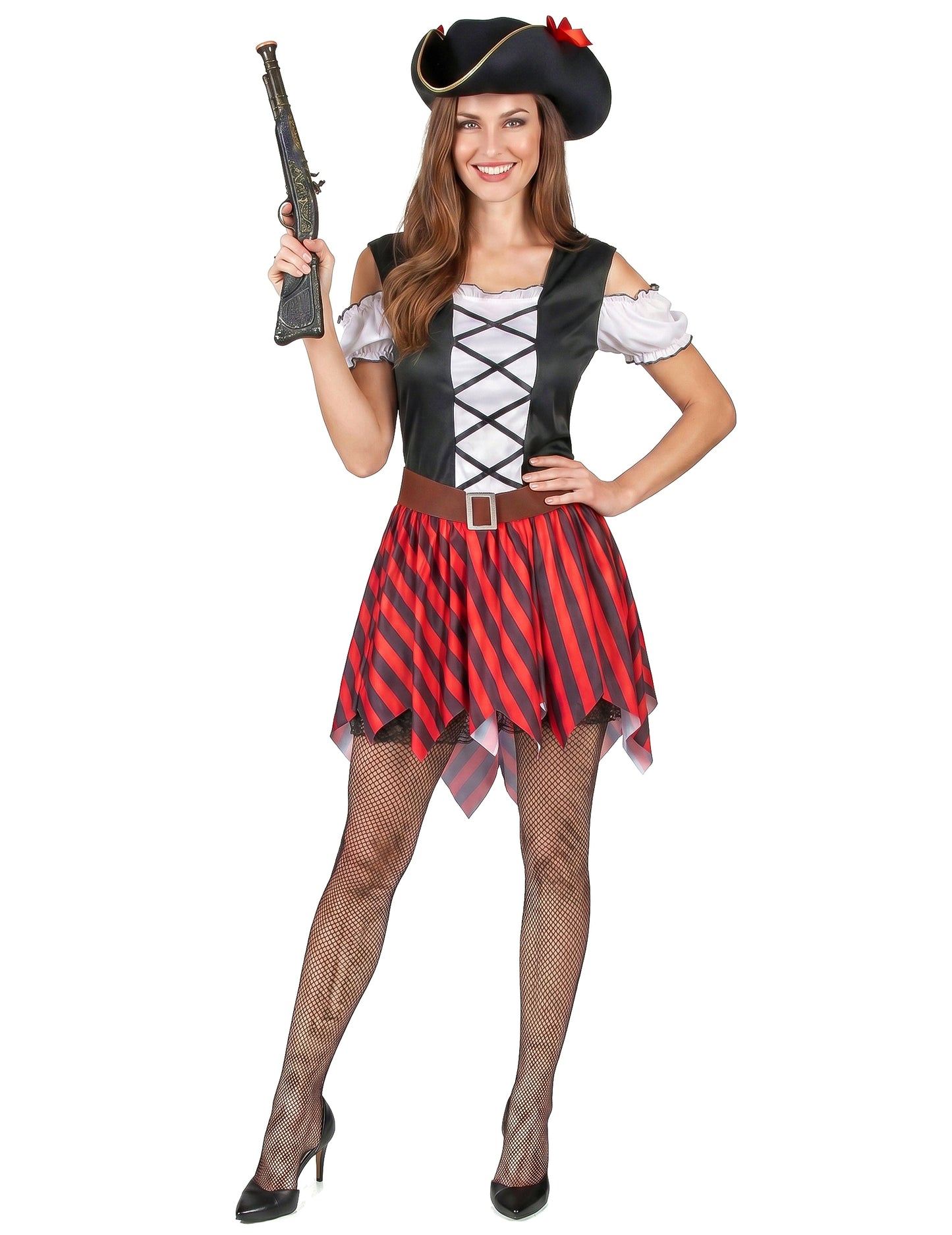 Disfraz pirata rayas rojas y negras mujer