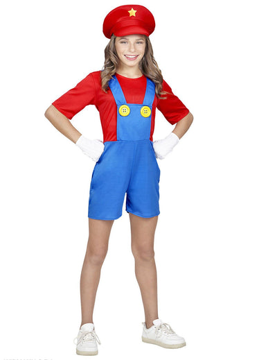 Déguisement de plombier en short pour fille rouge et bleu avec casquette à étoile