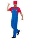 Déguisement de plombier rouge pour homme bleu et rouge avec casquette et boutons jaunes