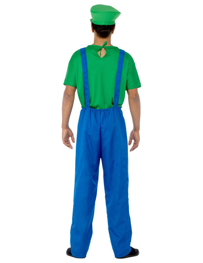Vue de dos du déguisement de plombier vert pour homme
