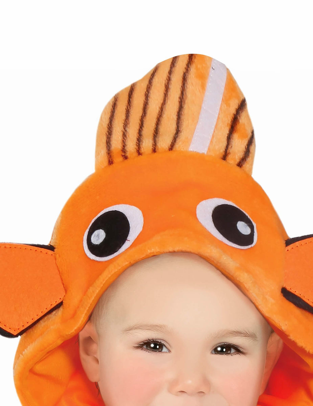 Détail de la capuche du déguisement poisson clown pour bébé