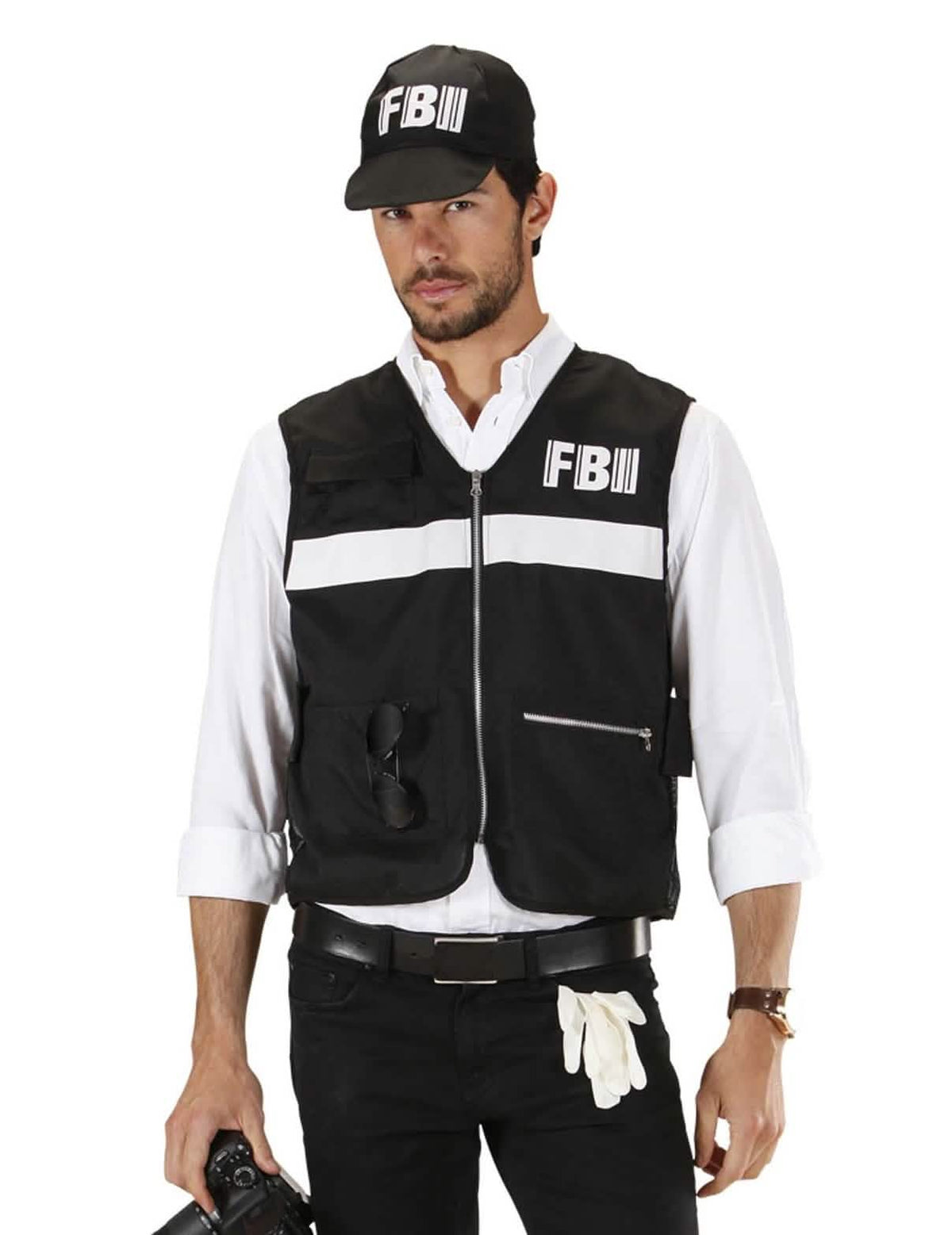Disfraz de policía del FBI para adulto negro con chaleco y gorra