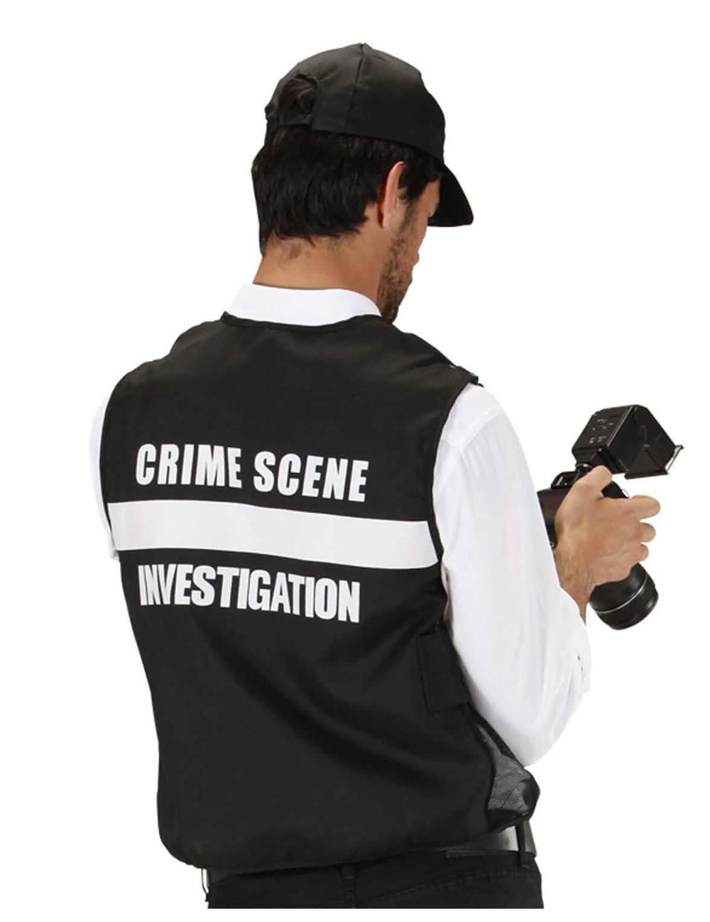 Vista trasera de la inscripción en el chaleco del disfraz de policía del FBI