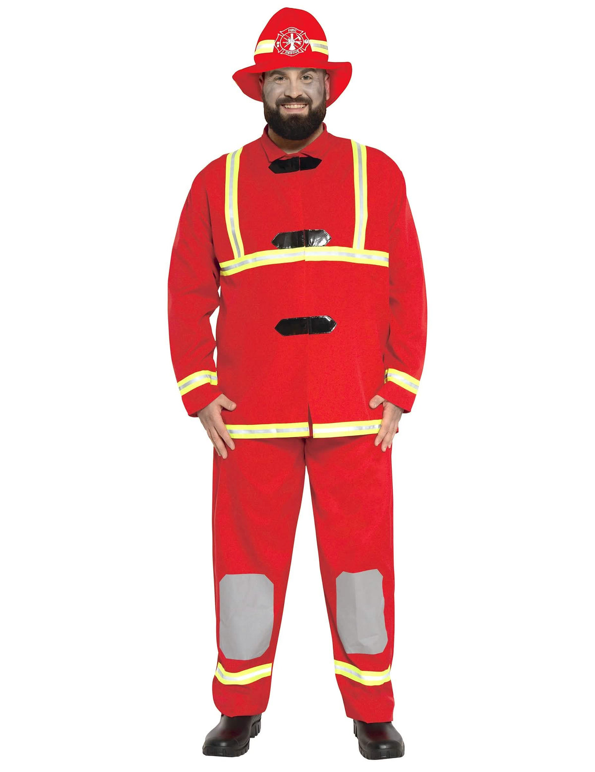 Disfraz de bombero para adulto rojo con bandas reflectantes y sombrero
