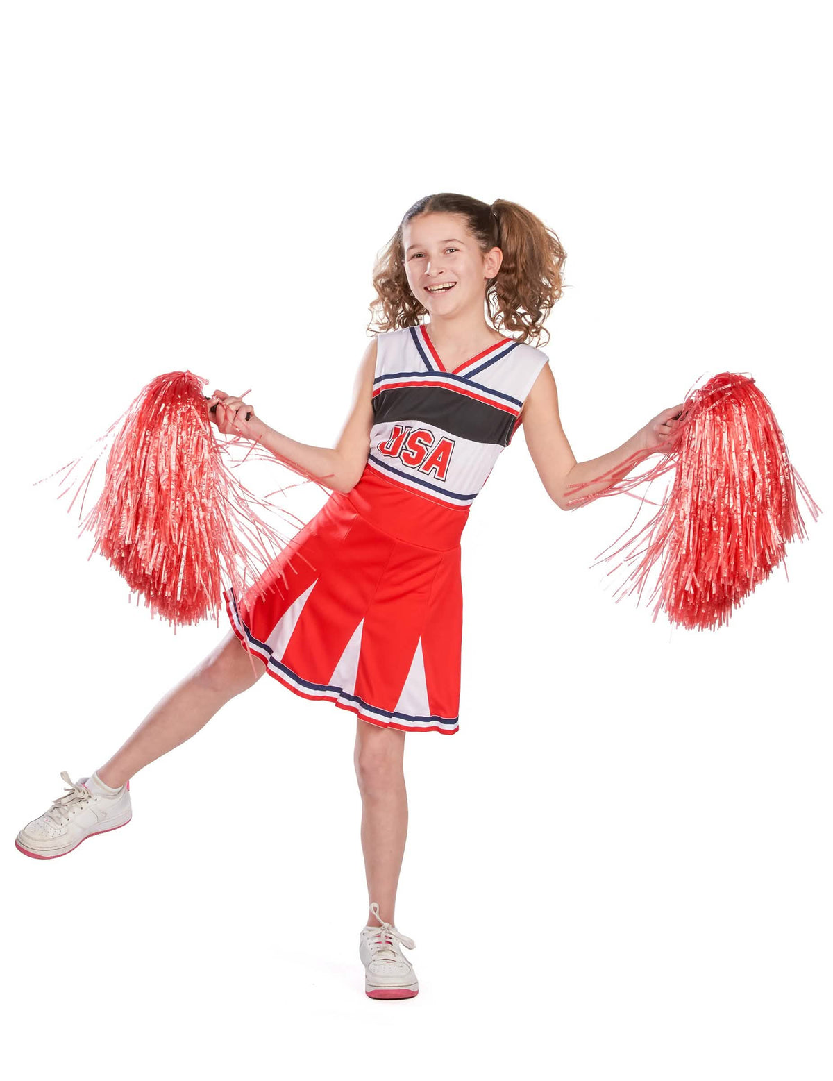 Pose de face avec pompons du déguisement pompom girl USA