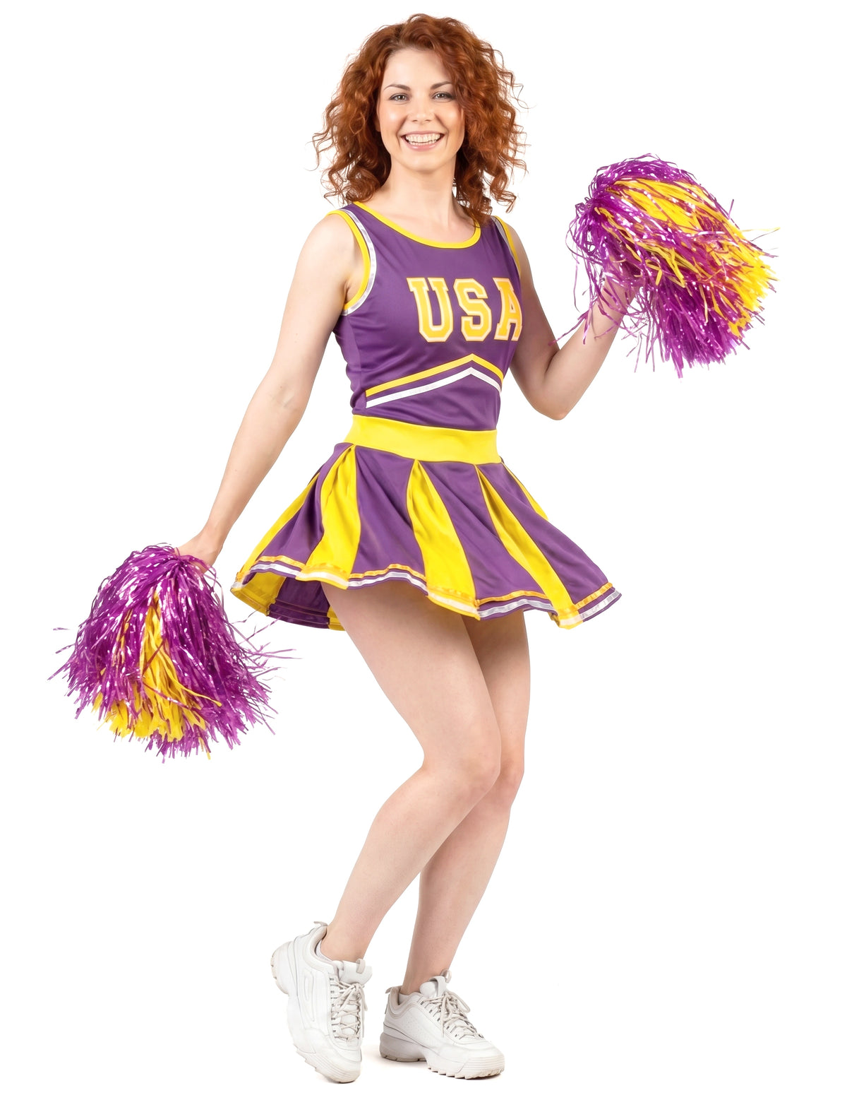 Disfraz animadora USA morado y amarillo mujer