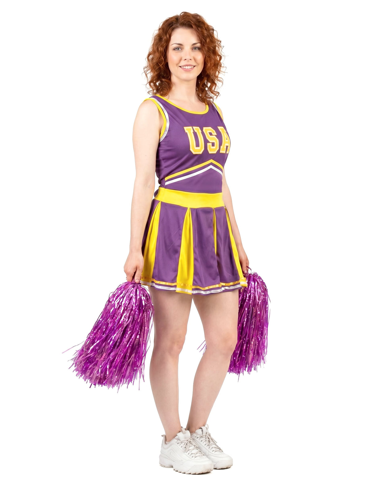 Disfraz animadora USA morado y amarillo mujer