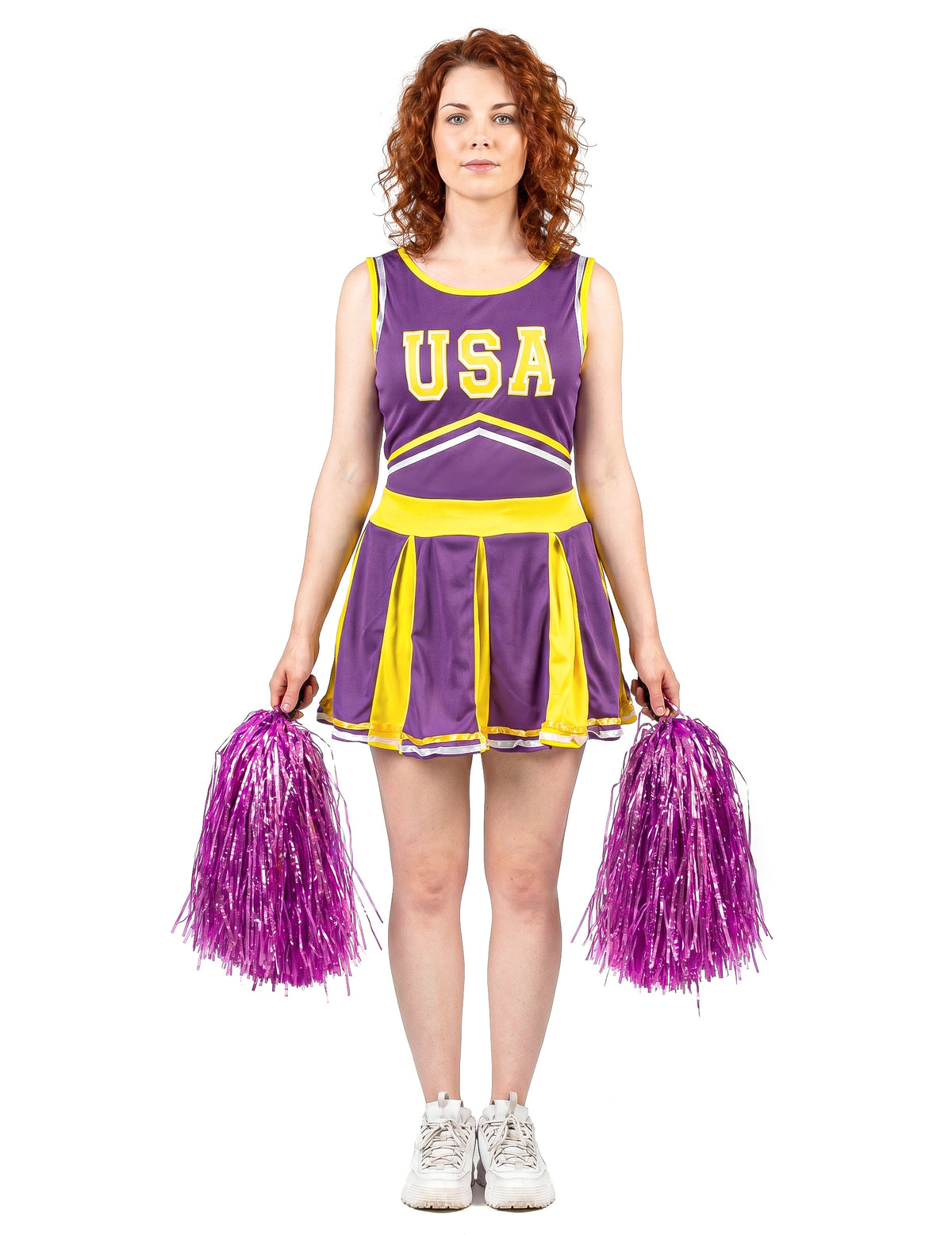 Disfraz animadora USA morado y amarillo mujer