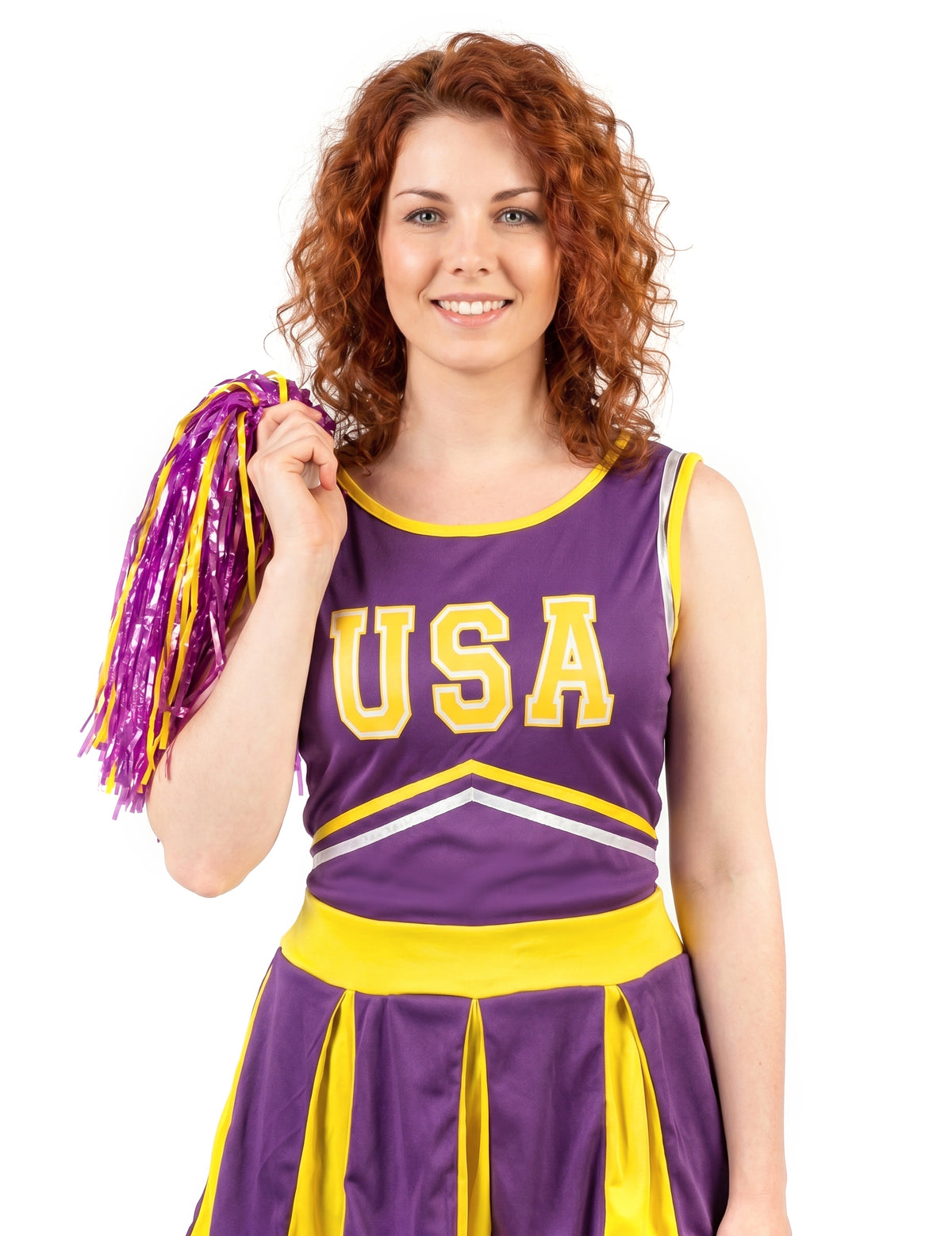 Disfraz animadora USA morado y amarillo mujer