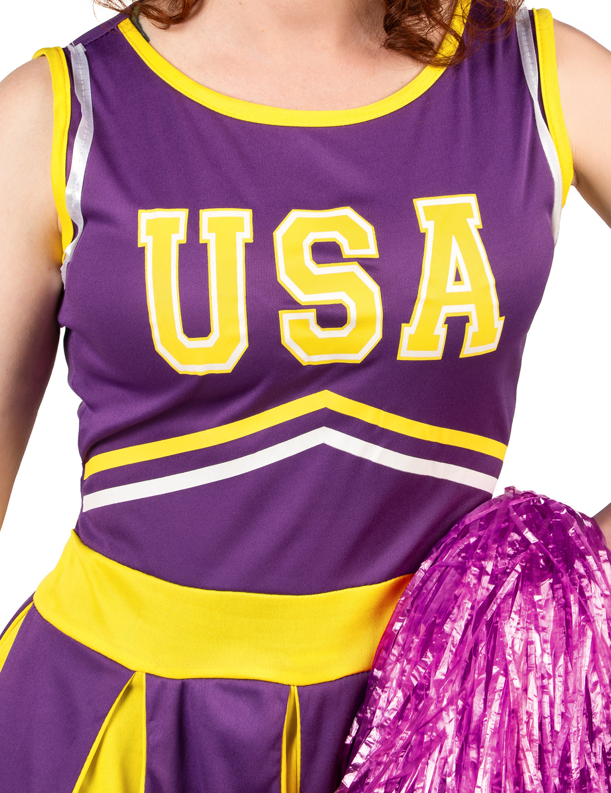 Disfraz animadora USA morado y amarillo mujer