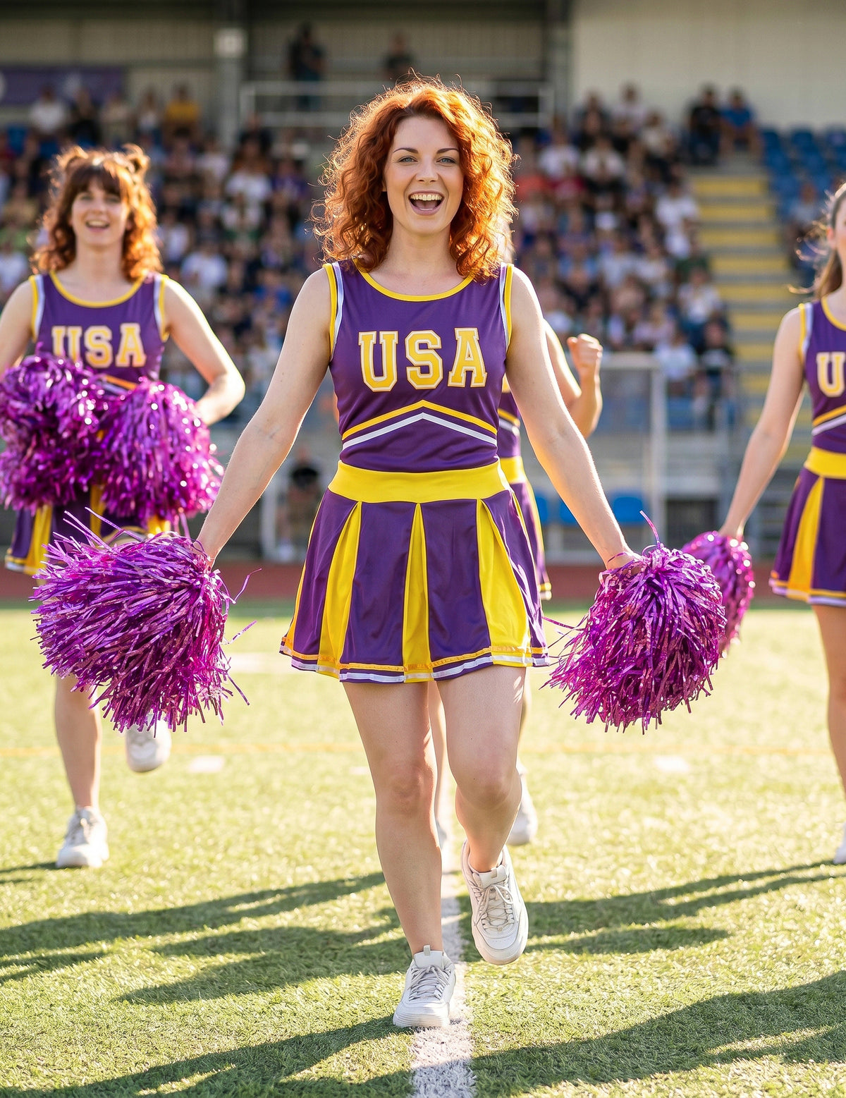 Disfraz animadora USA morado y amarillo mujer