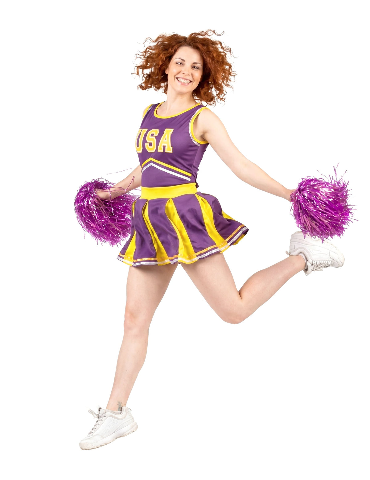 Disfraz animadora USA morado y amarillo mujer