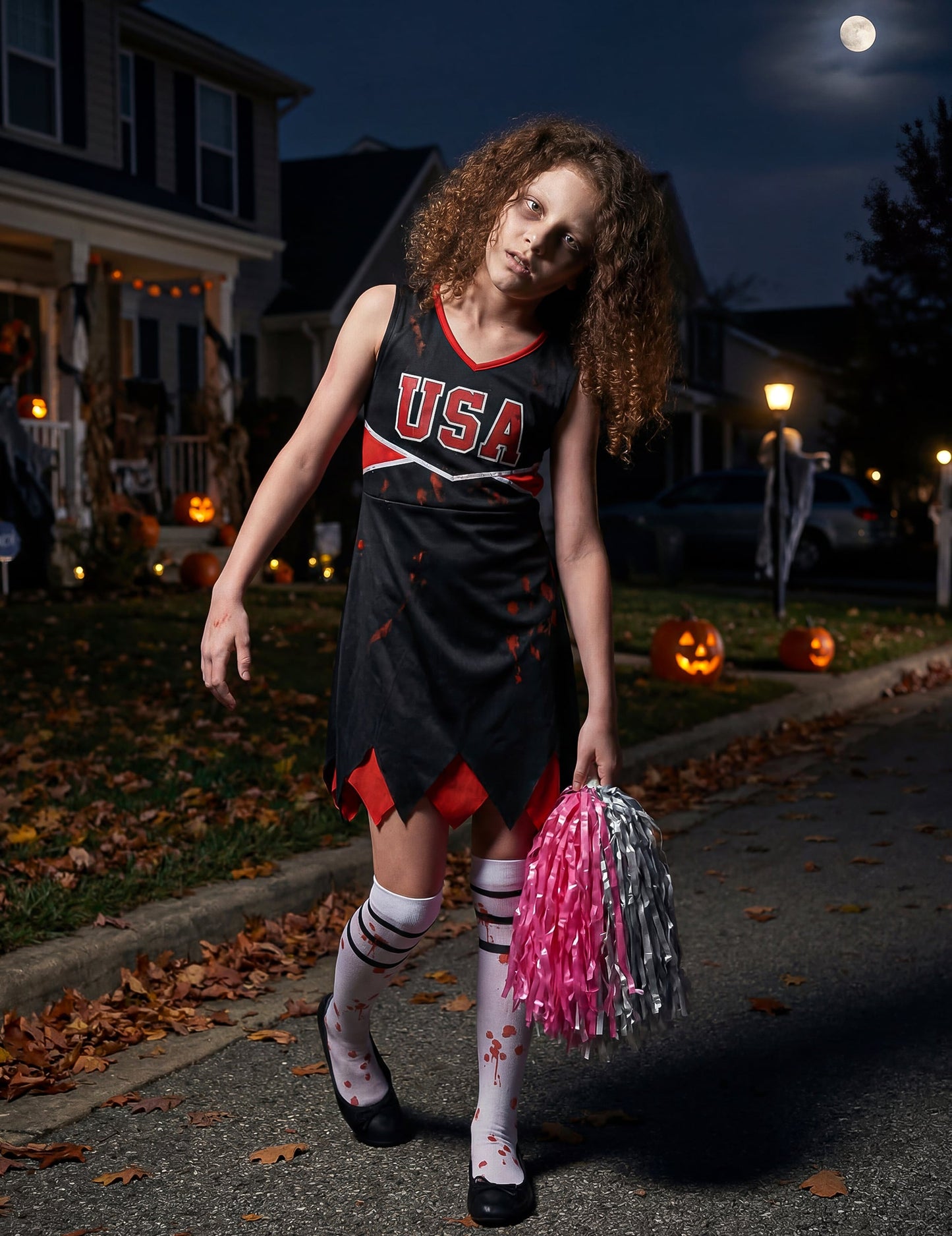 Mise en scène nocturne dans une rue du déguisement de pompom girl zombie pour fille