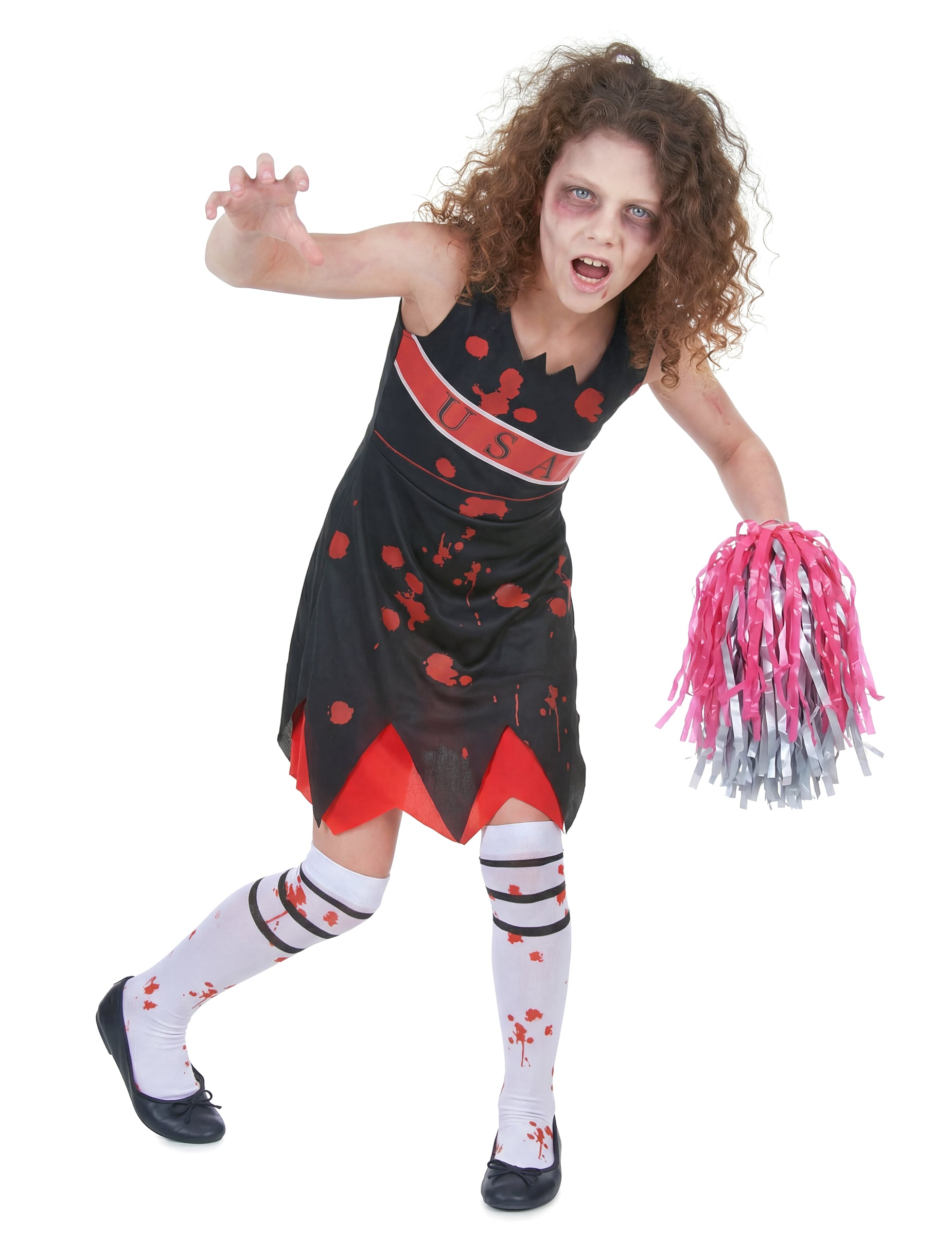 Déguisement de pompom girl zombie pour fille noir et rouge ensanglanté avec pompon
