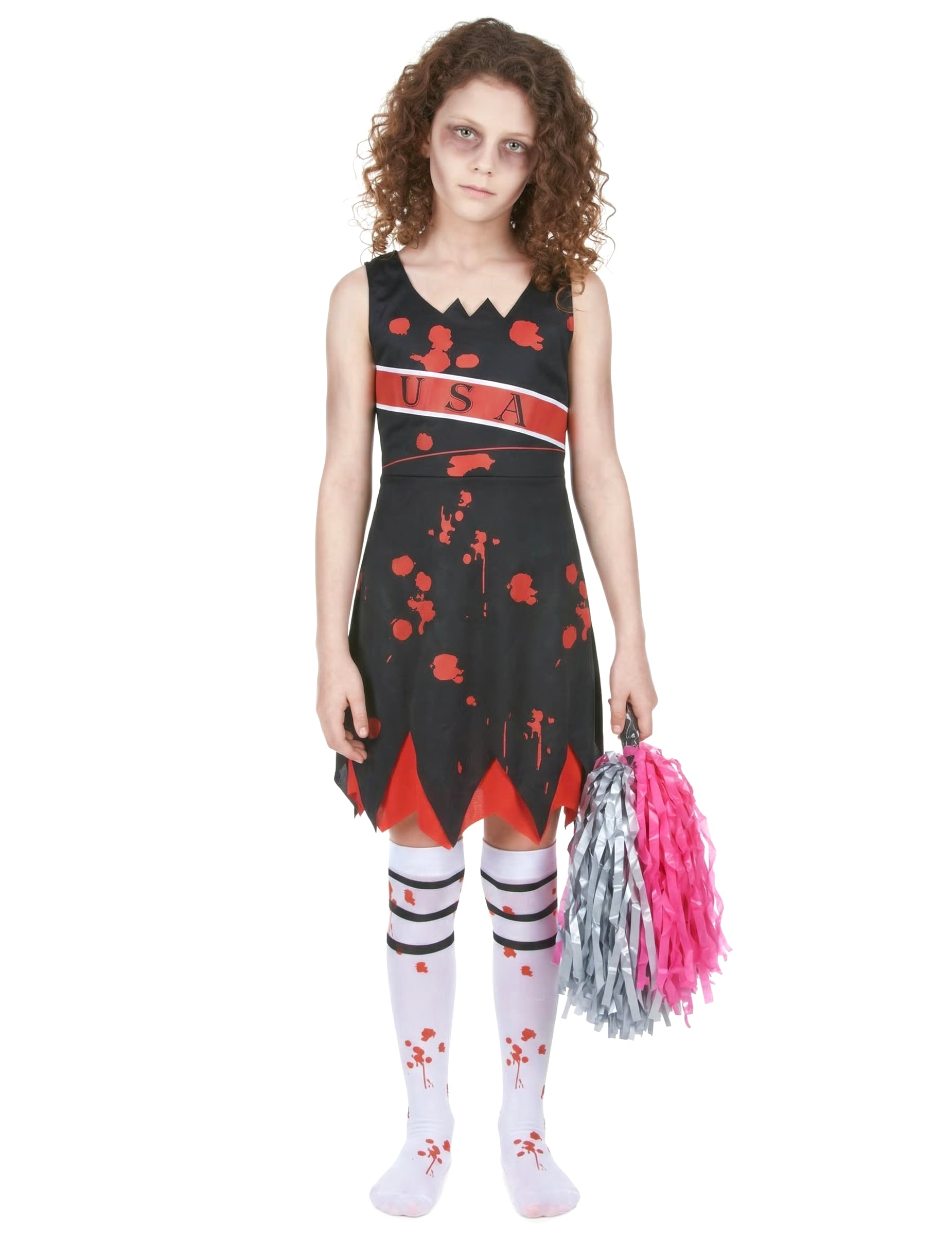 Vue de face du déguisement de pompom girl zombie pour fille