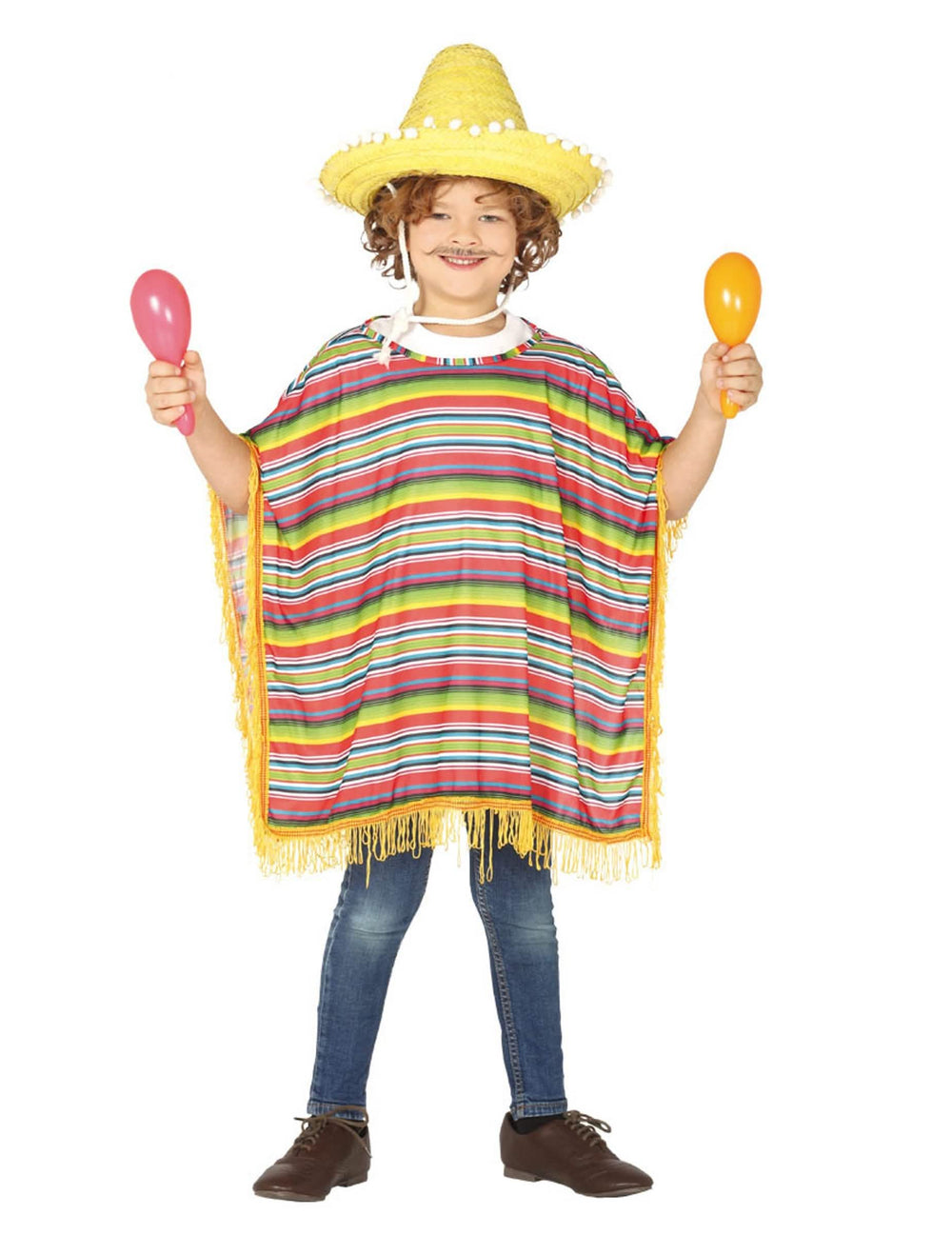 Disfraz de poncho mexicano para niño multicolor a rayas con sombrero amarillo