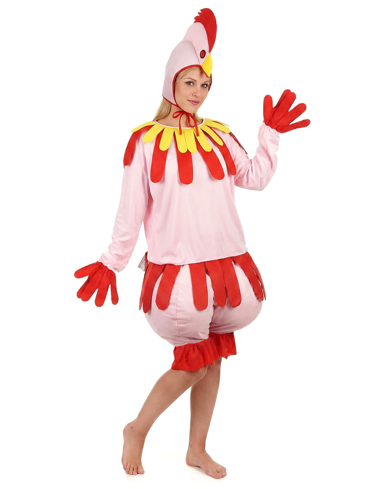 Disfraz de pollo para adulto rosa y rojo con tocado