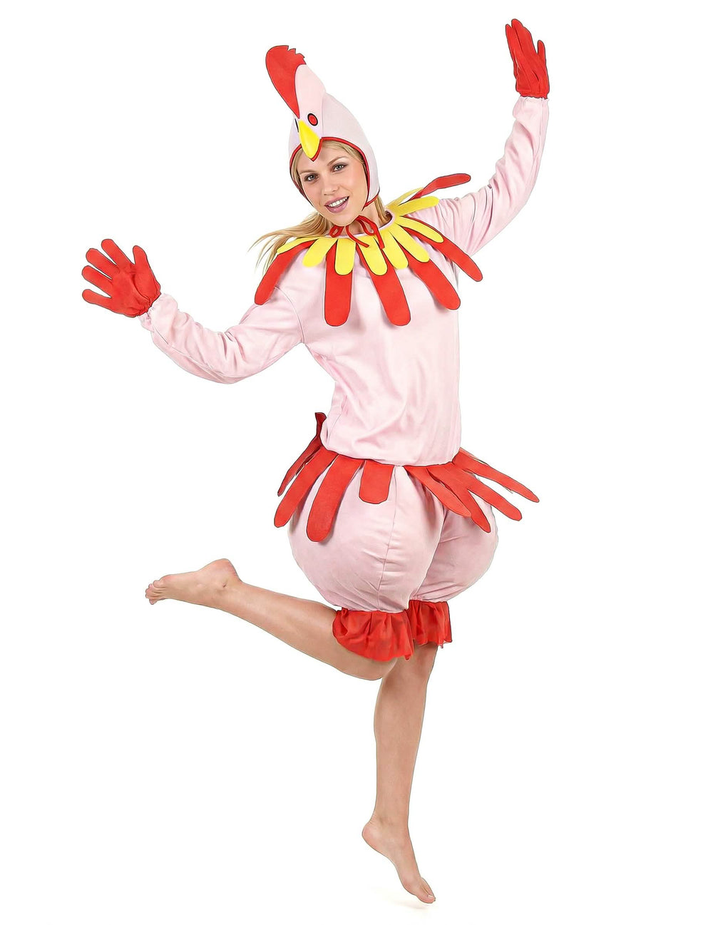 Vista frontal en movimiento del disfraz de pollo para adulto