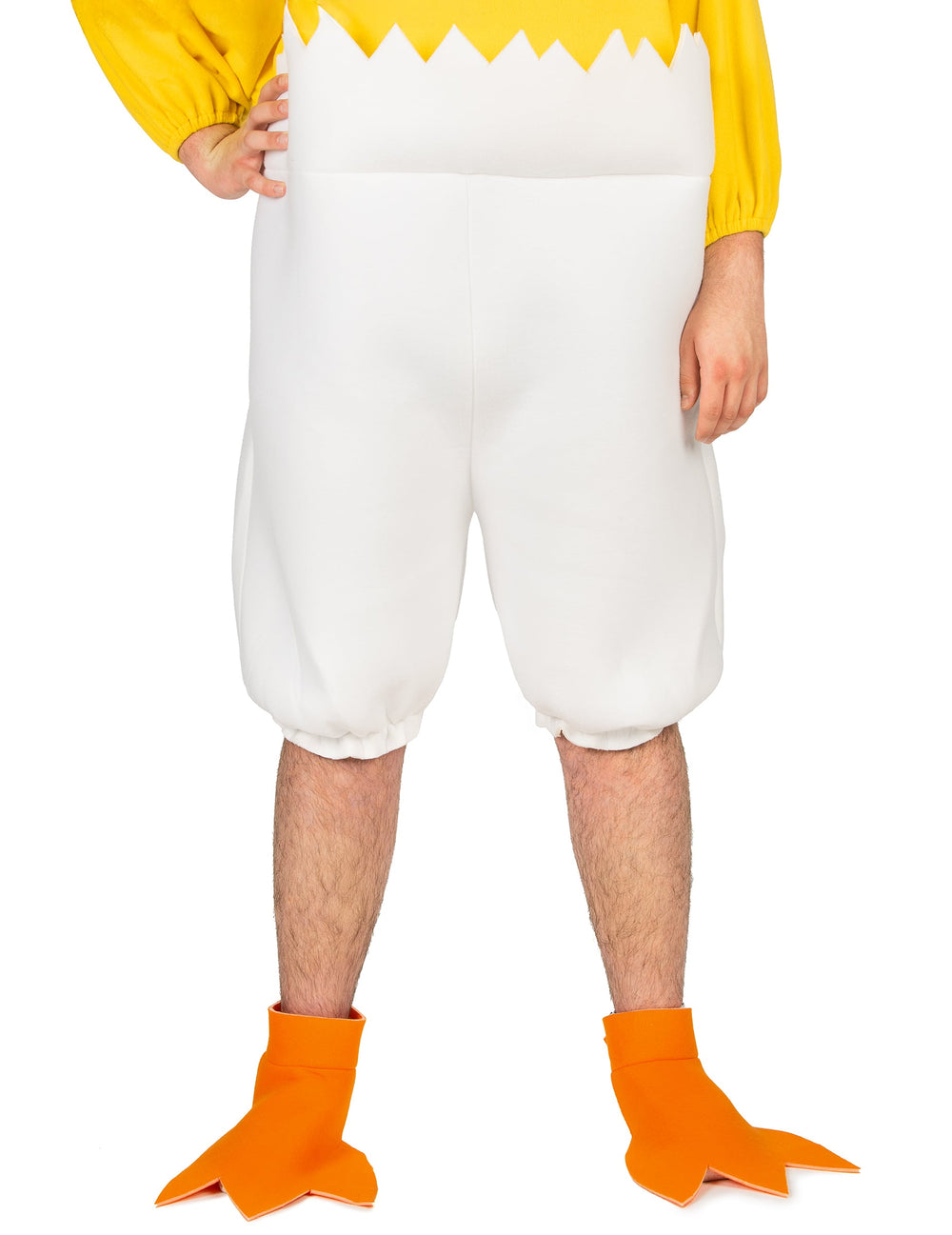 Détail du pantalon en coquille et des pattes du déguisement de poussin pour adulte