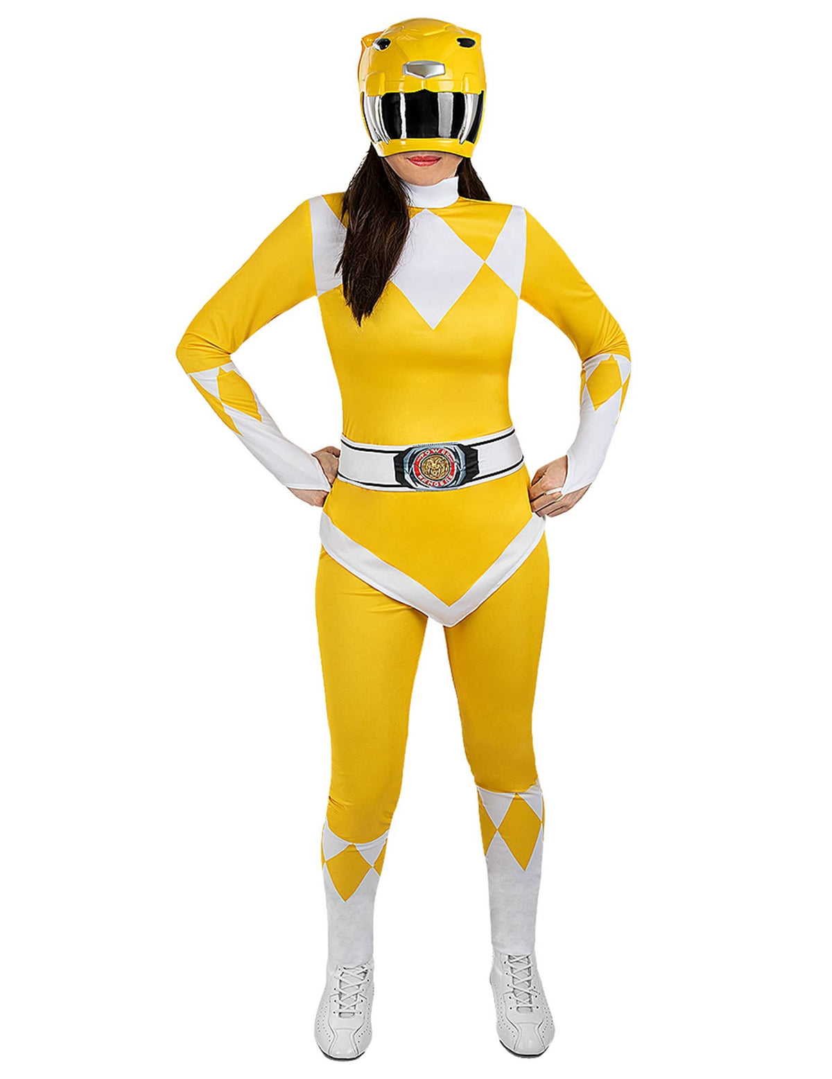 Vue de face du déguisement Power Ranger™ pour adulte jaune