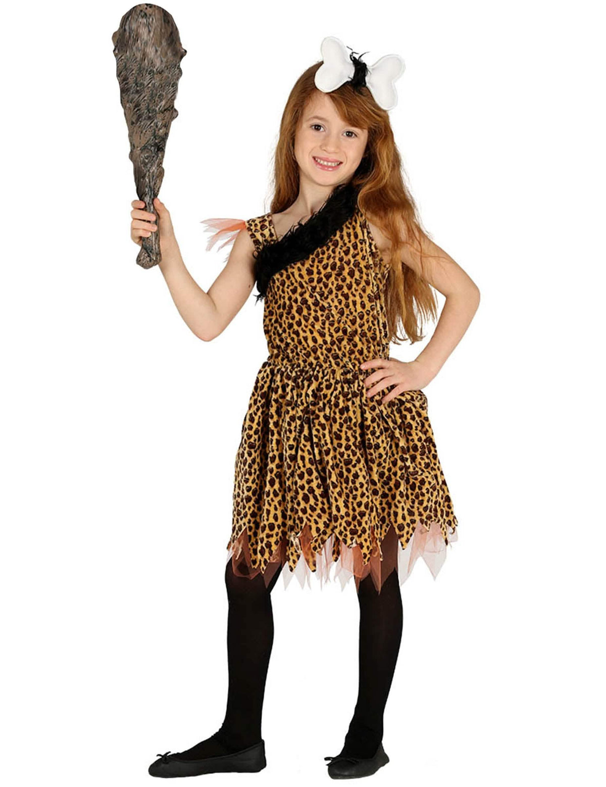 Disfraz prehistórico para niña estampado de leopardo con maza y hueso