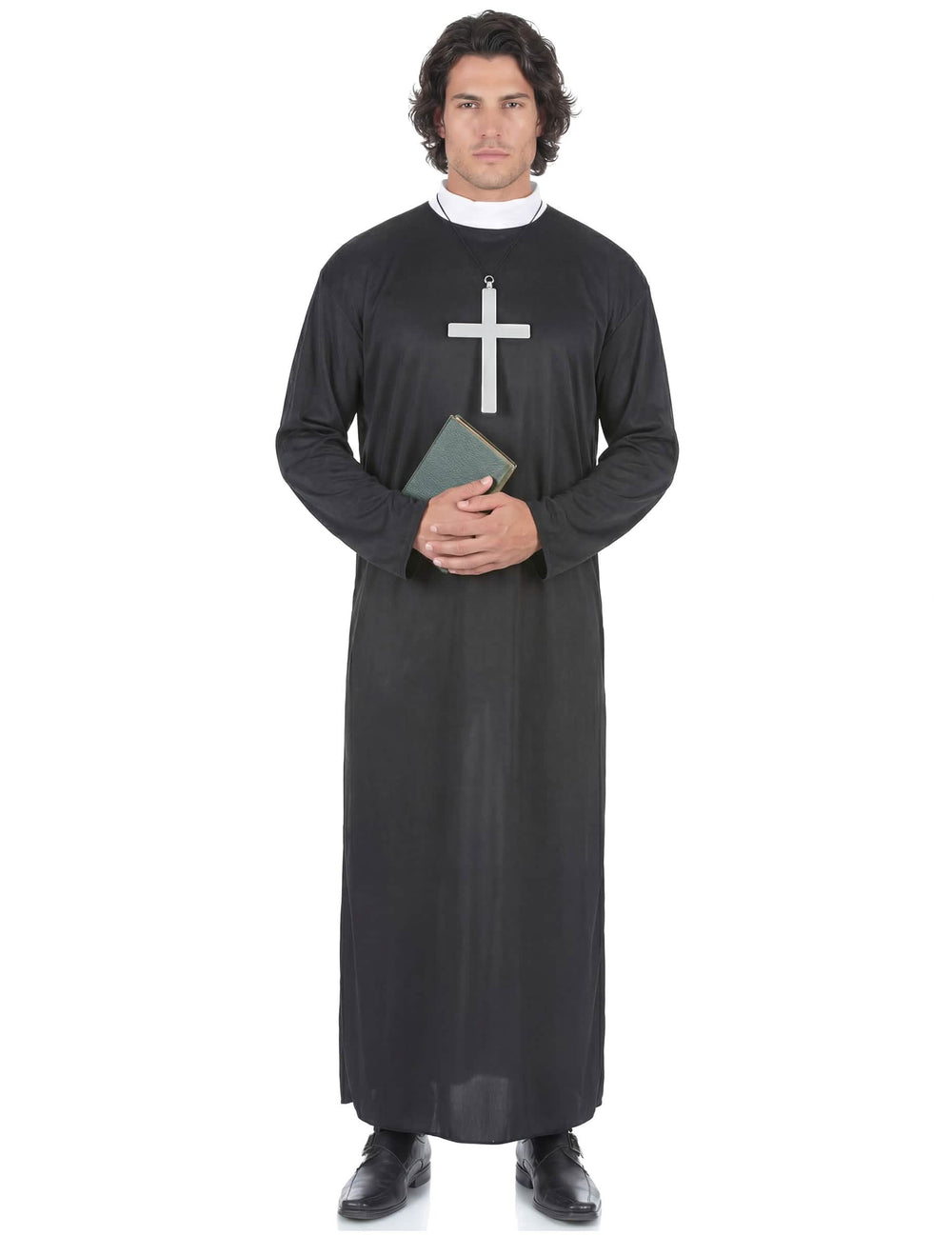 Déguisement de prêtre pour homme noir avec col blanc et croix