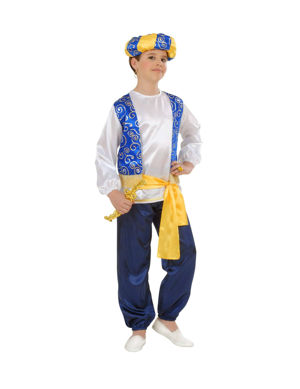 Disfraz de príncipe árabe para niño azul y blanco con turbante y cinturón amarillo