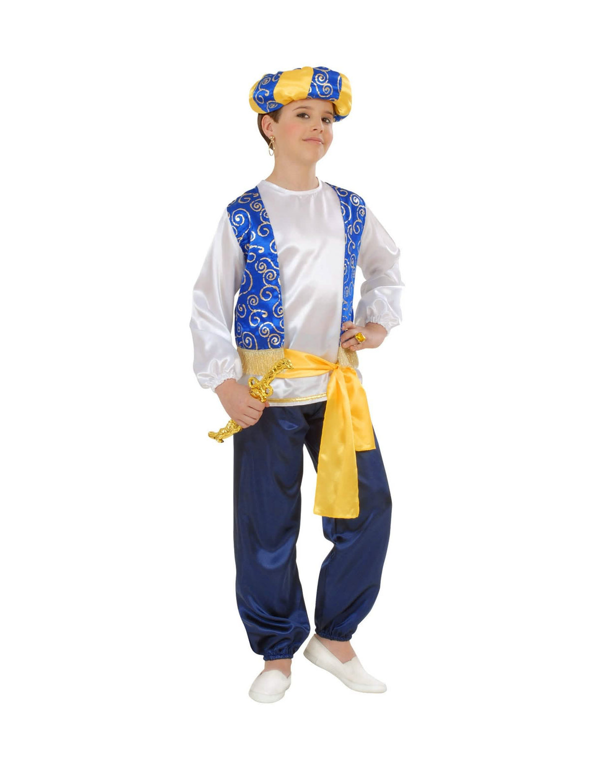 Disfraz de príncipe árabe para niño azul y blanco con turbante y cinturón amarillo