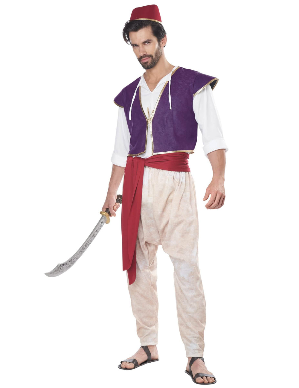 Disfraz de príncipe oriental de lujo para adulto violeta y beige con sombrero rojo