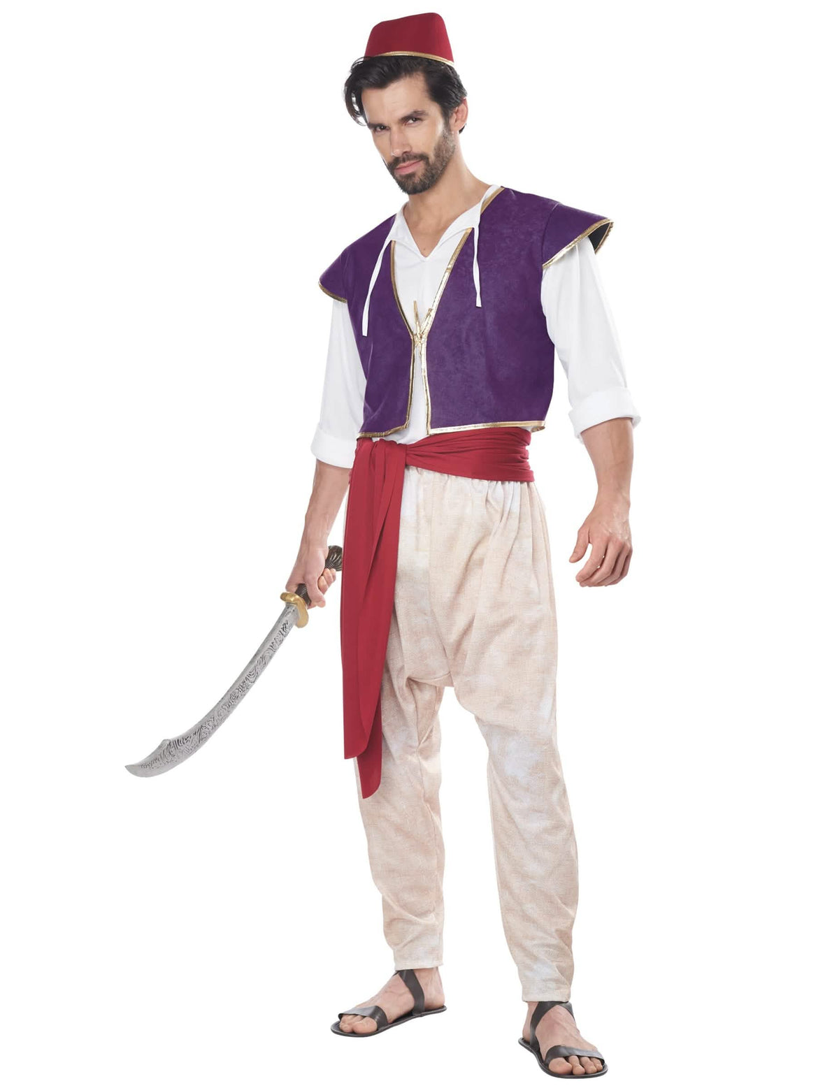 Disfraz de príncipe oriental de lujo para adulto violeta y beige con sombrero rojo