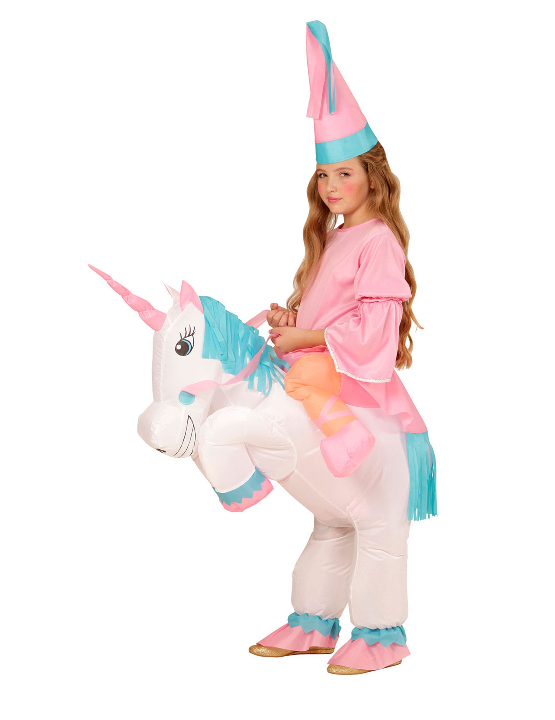 Vue de trois-quarts du déguisement de princesse à dos de licorne gonflable