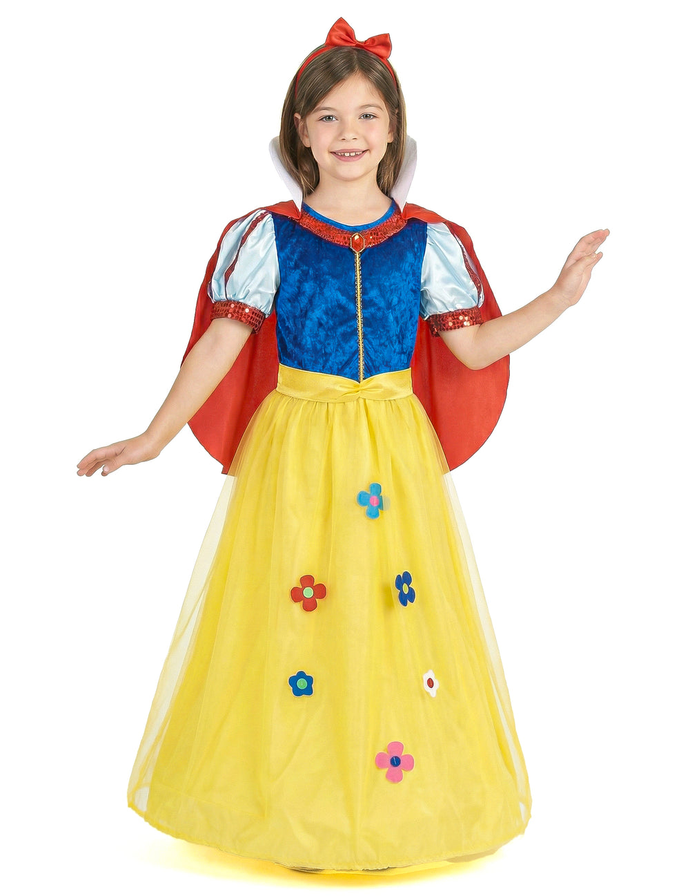 Déguisement princesse à fleur pour fille jaune et bleu avec cape rouge