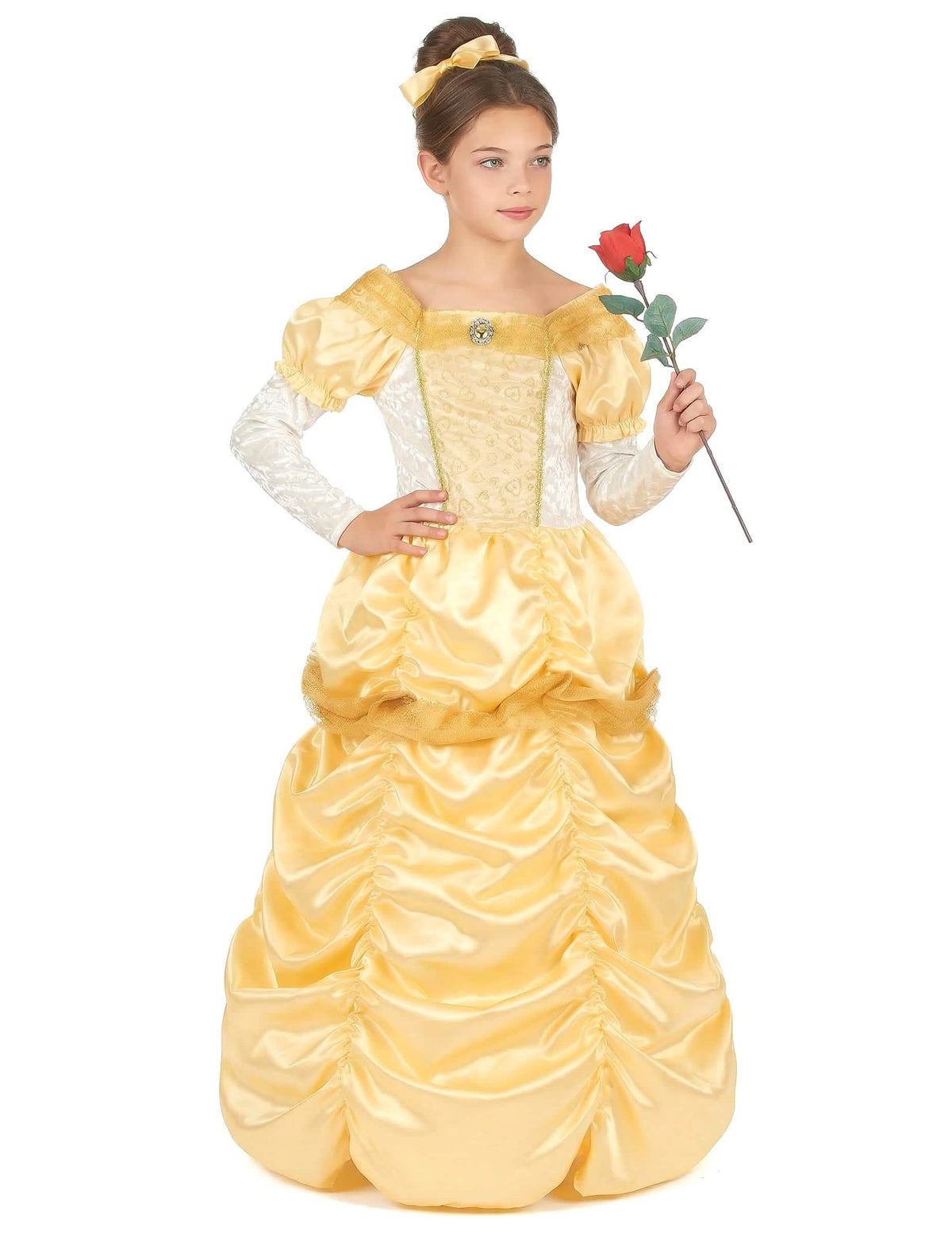Vista de frente con rosa rojo del disfraz de princesa belleza para niña