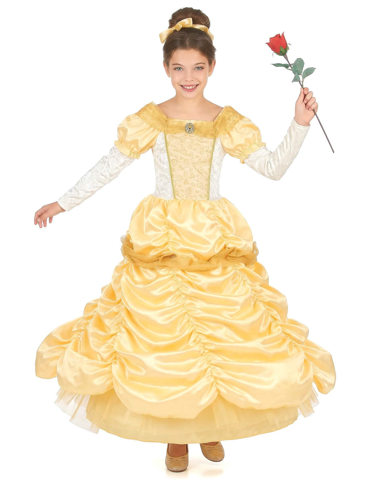 Vista general con diadema del disfraz de princesa belleza para niña